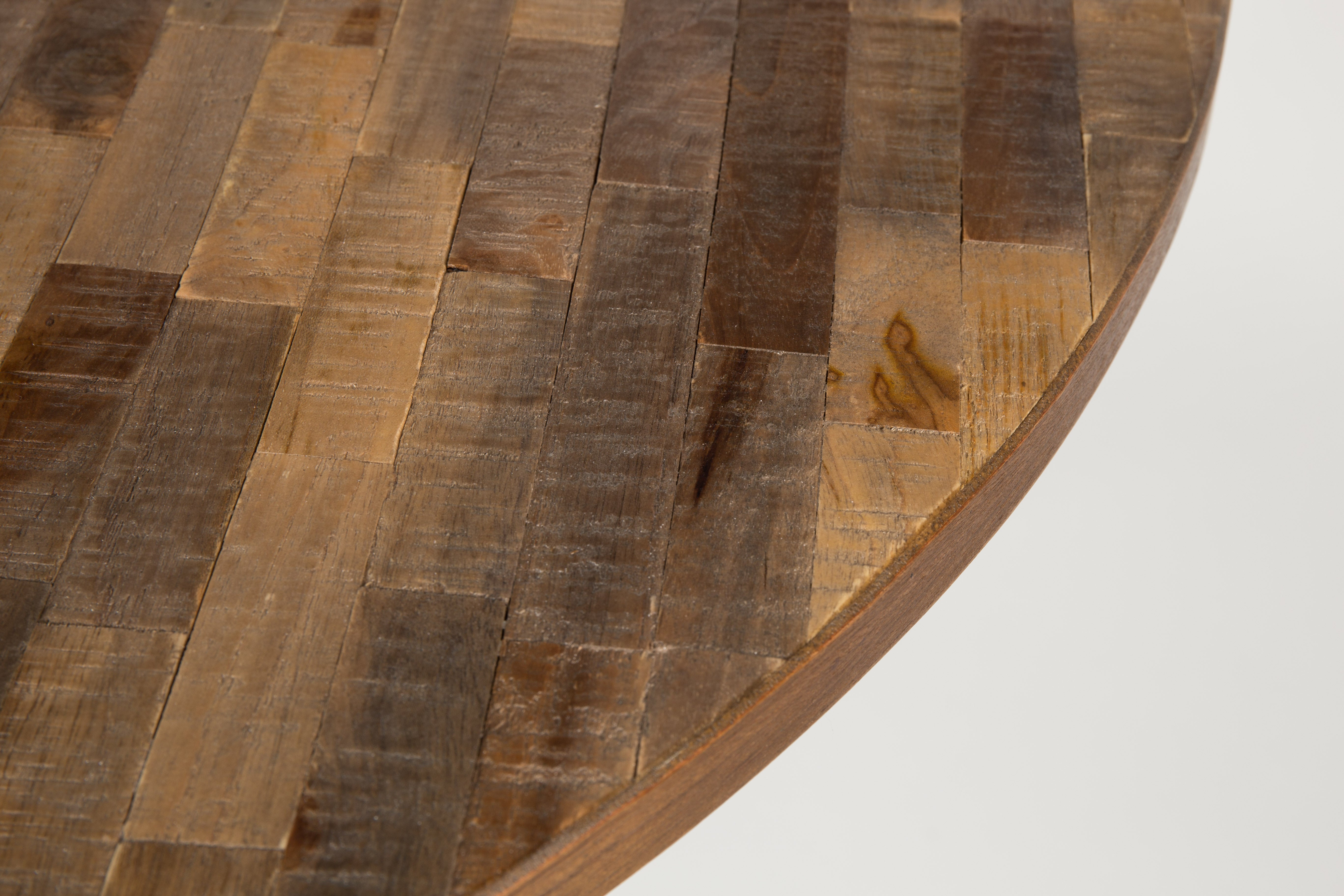 Runder Tisch Mo Teka Holz mit einer schwarzen Basis