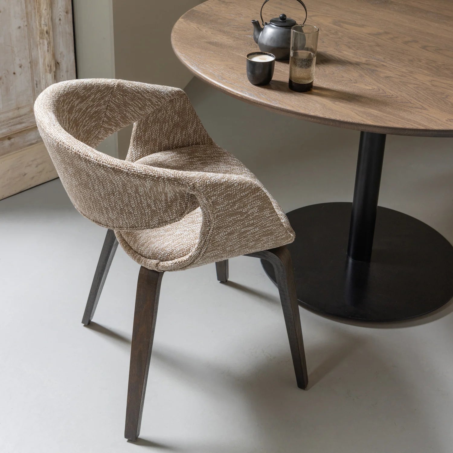 YOSSI Armchair in Beige with Brown Wooden Base