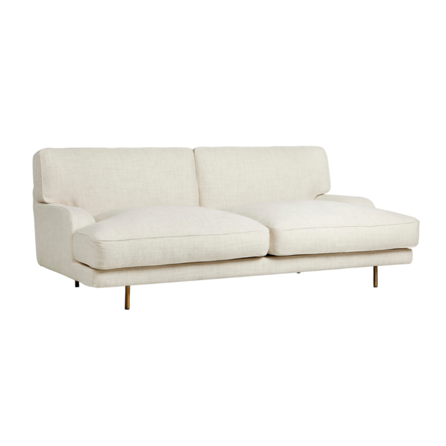 Sofa 2-osobowa FLANEUR tapicerowana z mosiężną podstawą