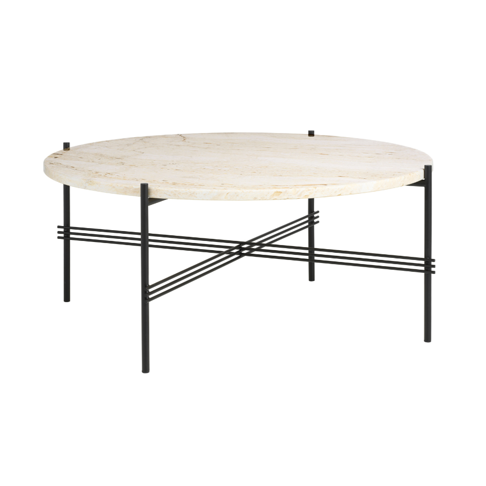 Round coffee table TS cream travertine with black base