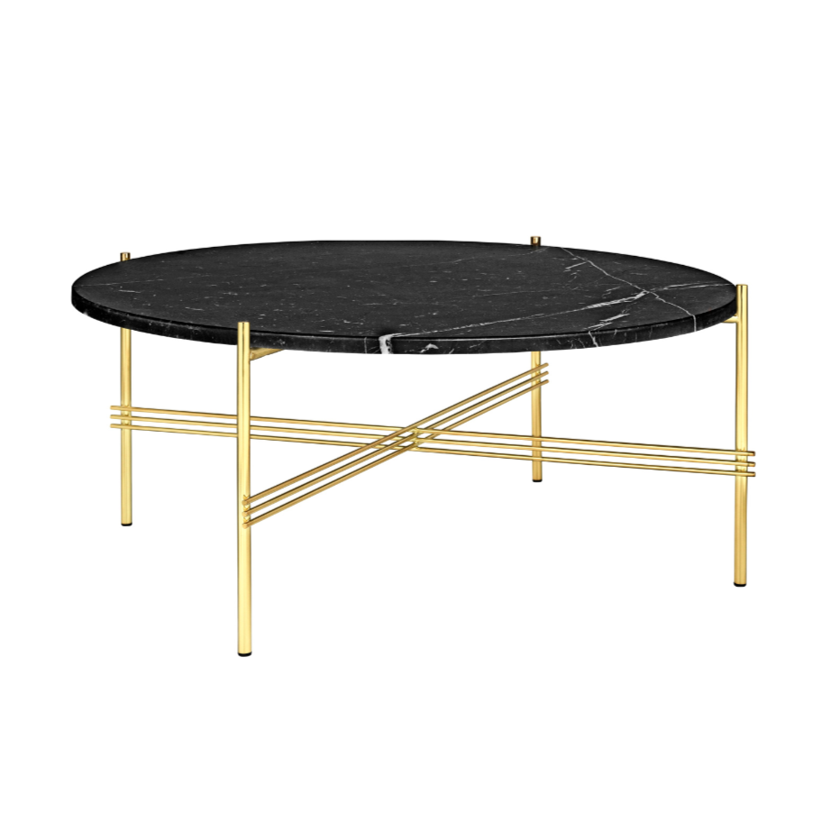 Runder Couchtisch TS aus schwarzem Marmor mit goldenem Gestell