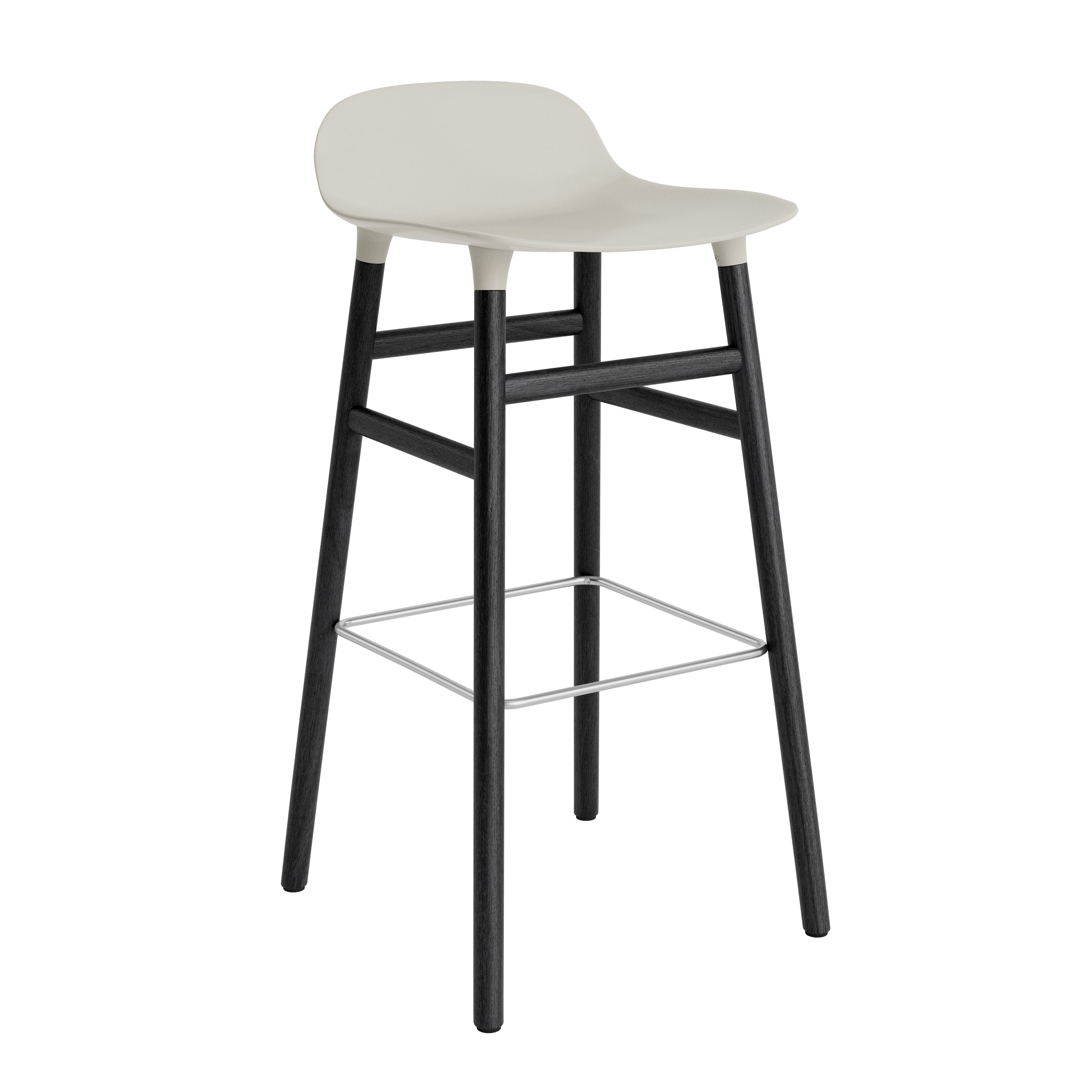 Hocker forms of light gray with a black oak base