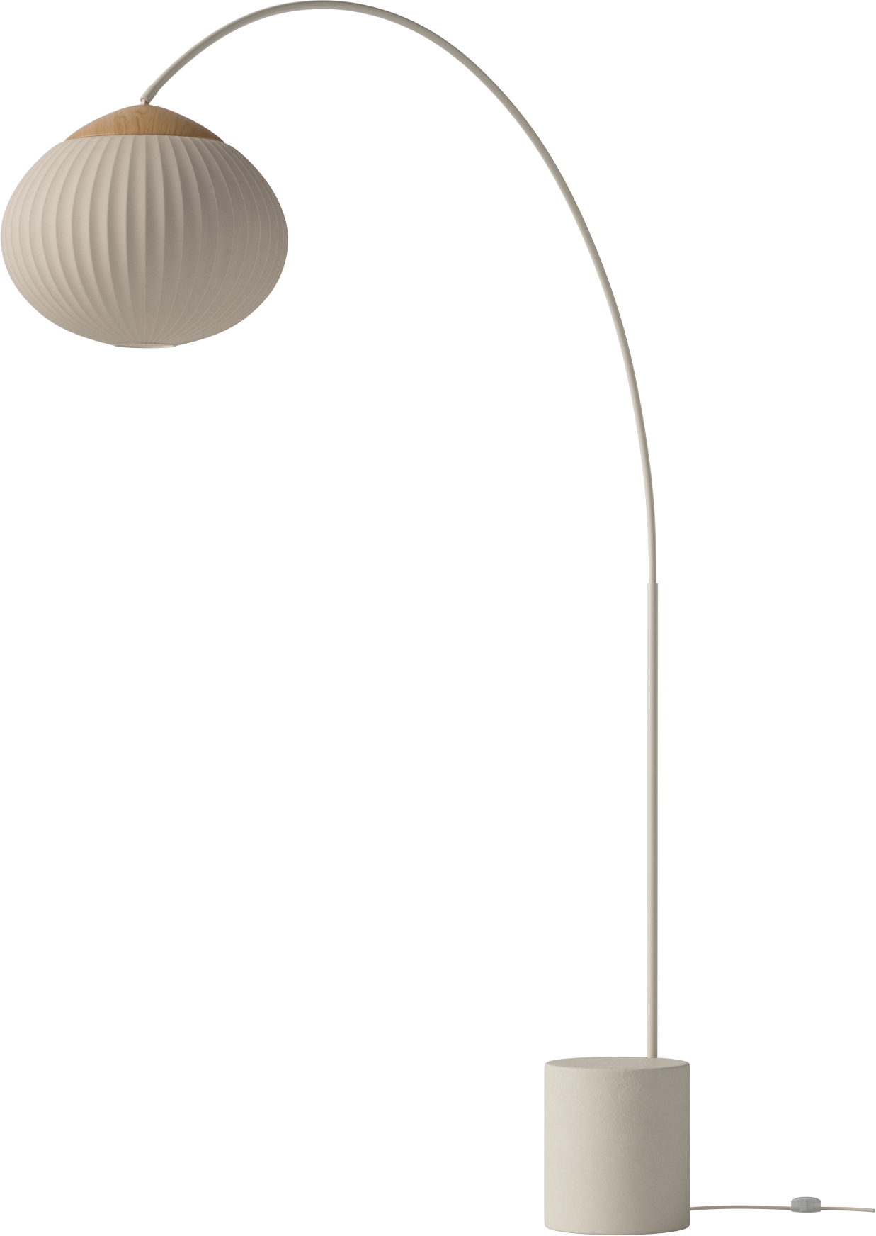 Eichelbodenlampe Beige mit einer Basis aus Sahne Beton