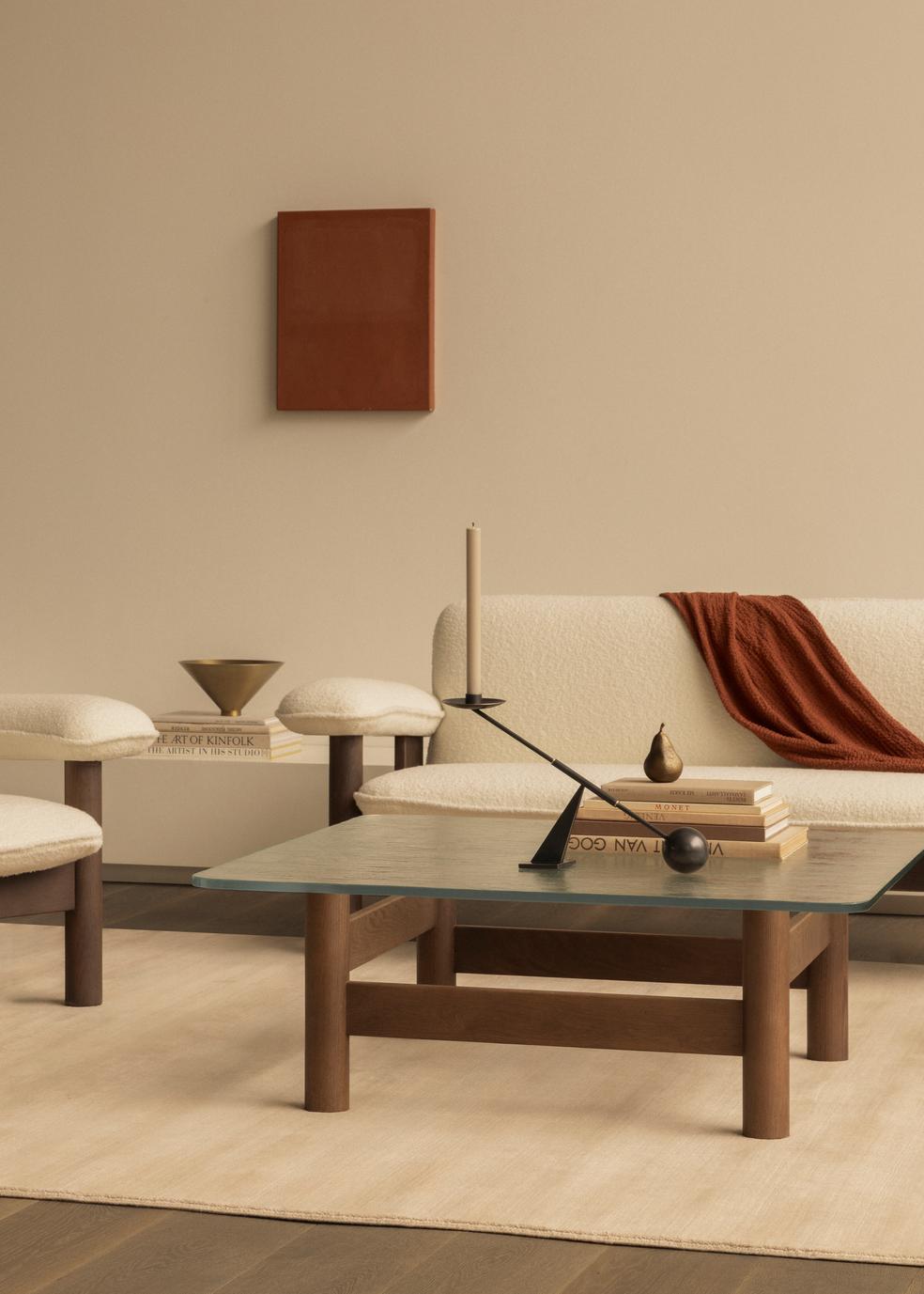 BRASILIA coffee table with glass top and dark oak base