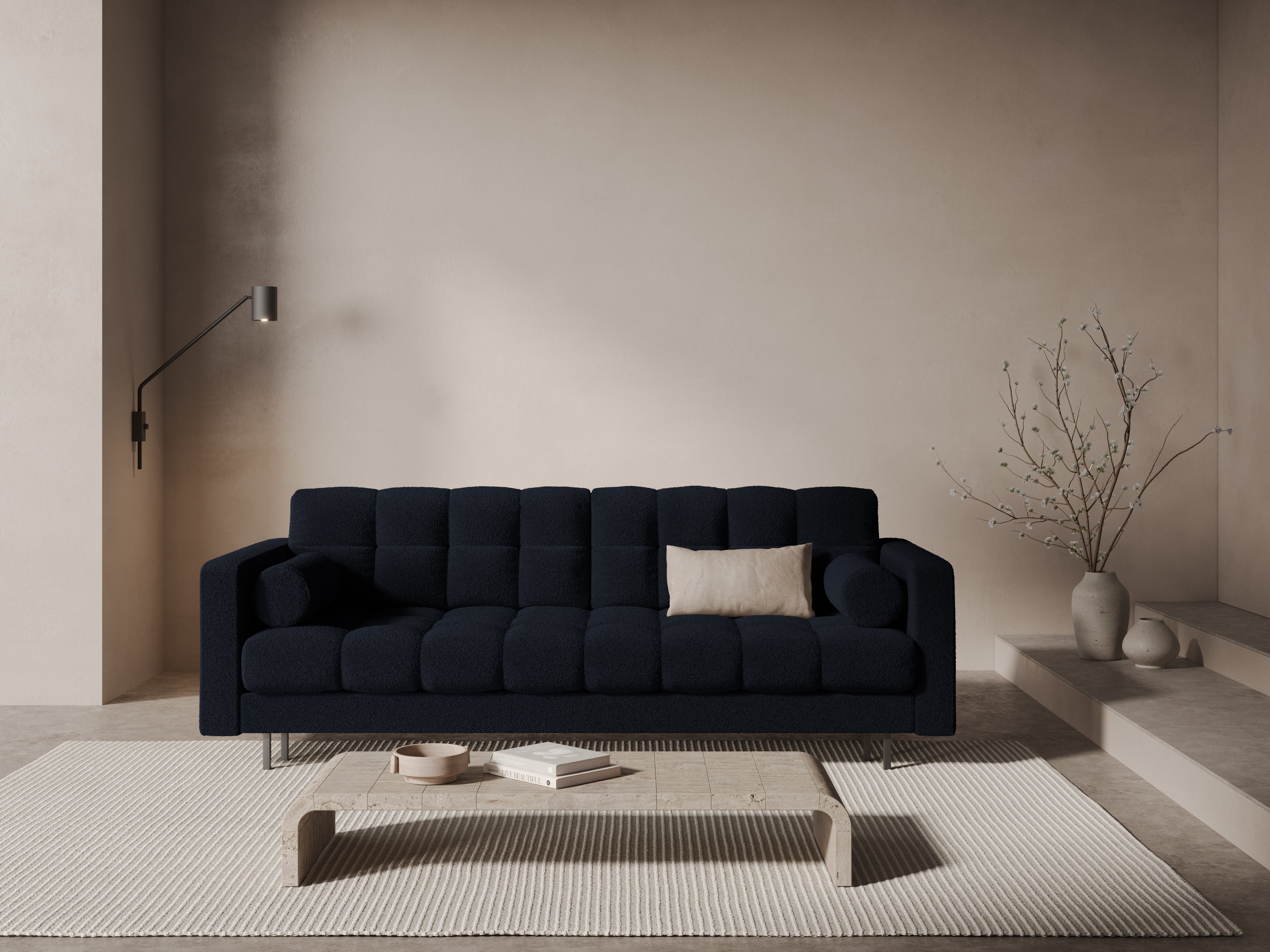 Sofa 3-osobowa z funkcją spania BALI ciemnoniebieski bouclé z czarną podstawą
