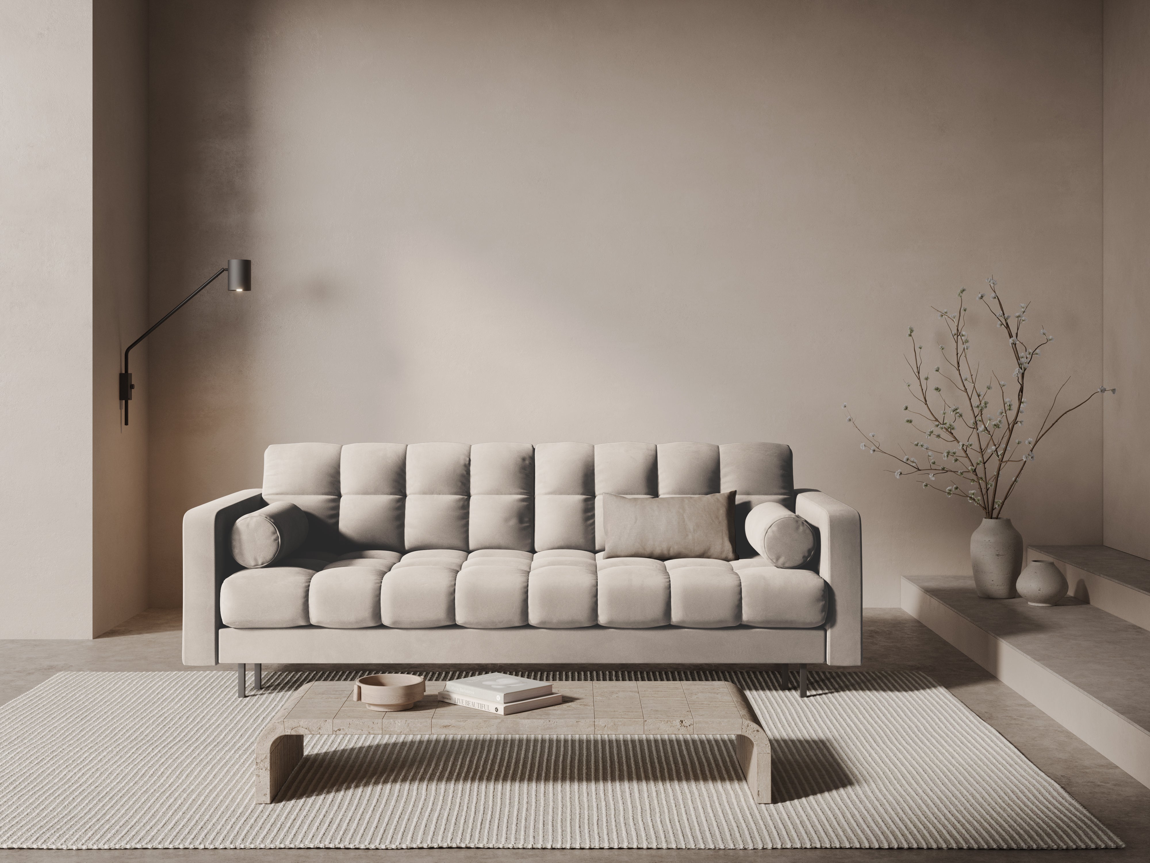 Sofa aksamitna 3-osobowa z funkcją spania BALI beżowy z czarną podstawą