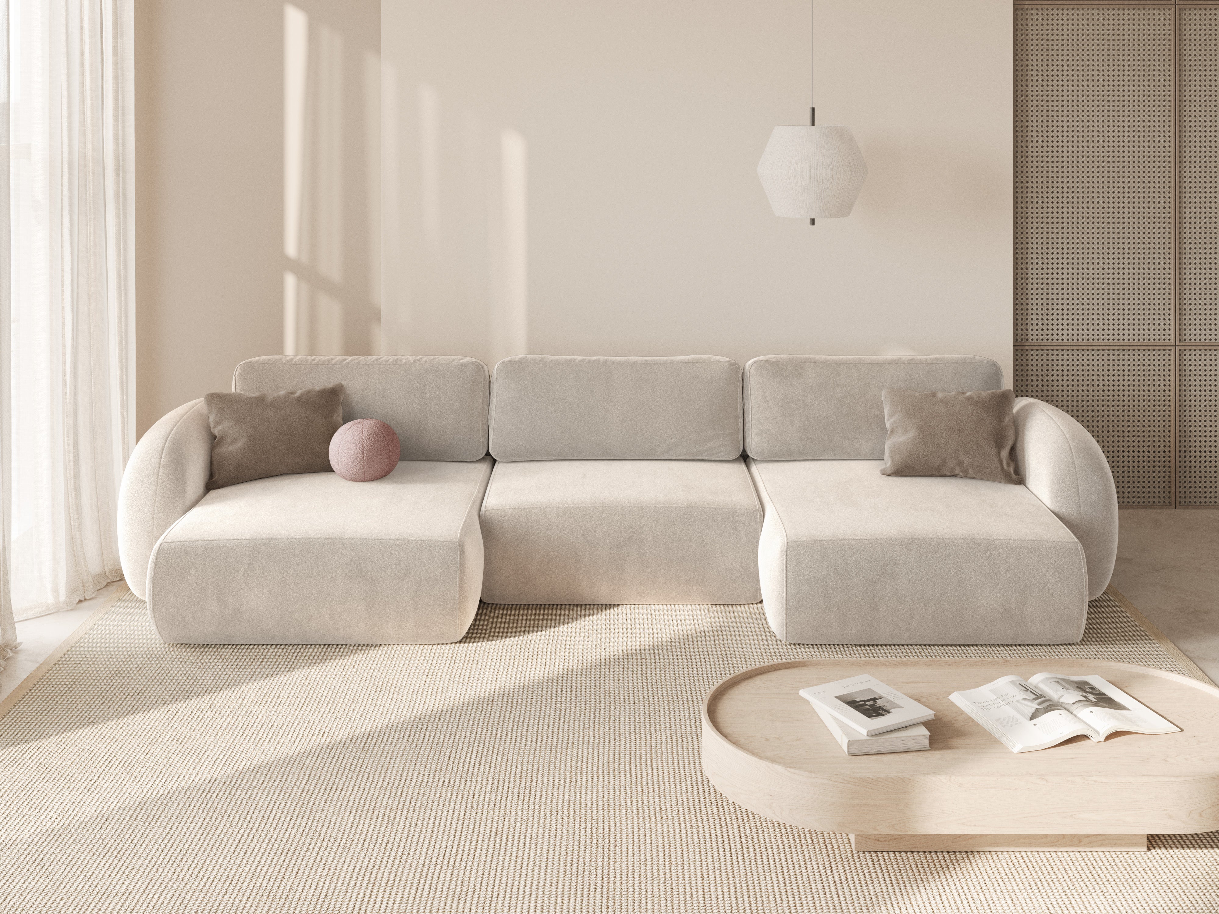 Sofa panoramiczna aksamitna z funkcją spania 5-osobowa TONALE kremowy