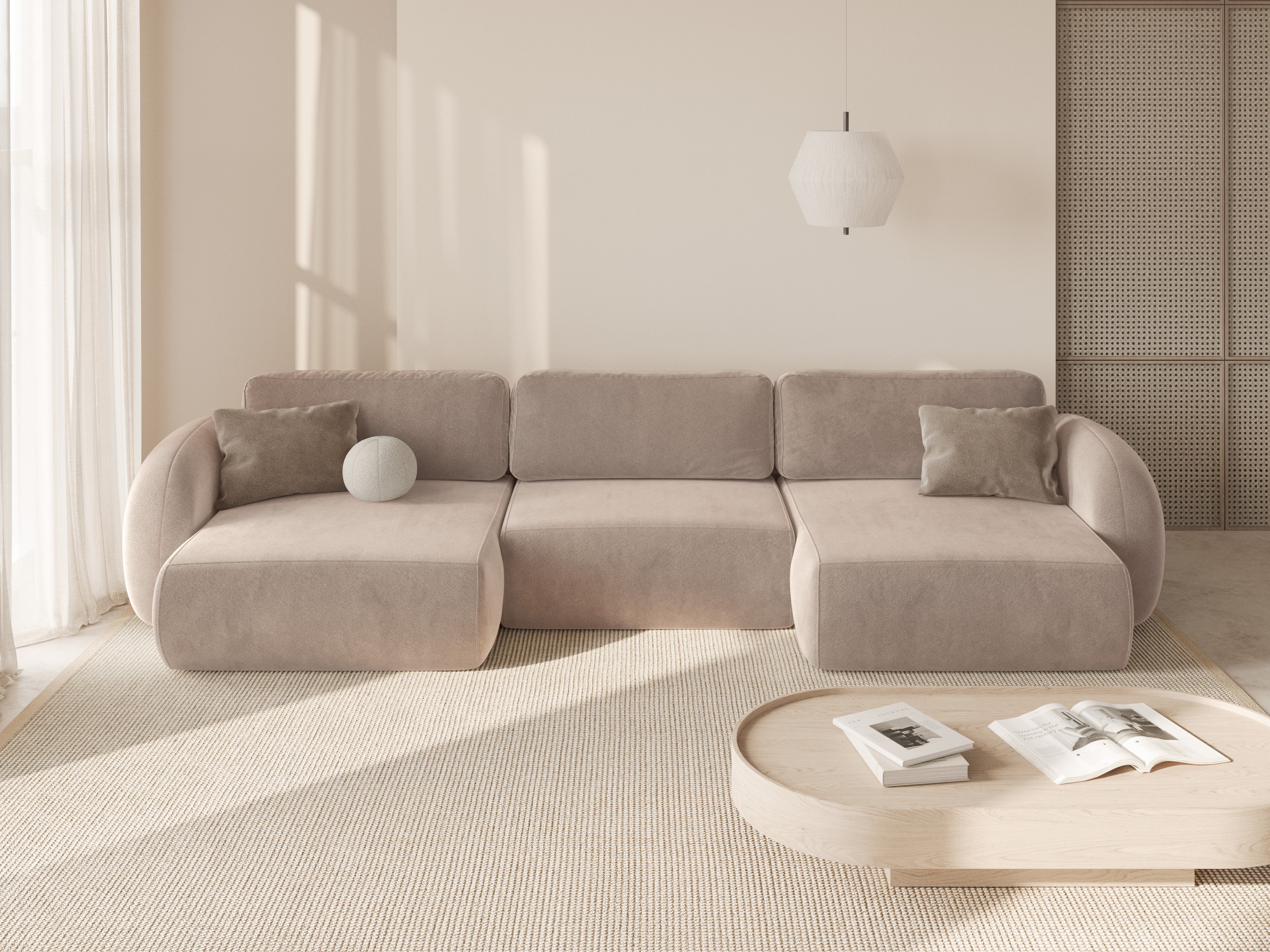 Sofa panoramiczna aksamitna z funkcją spania 5-osobowa TONALE beżowy