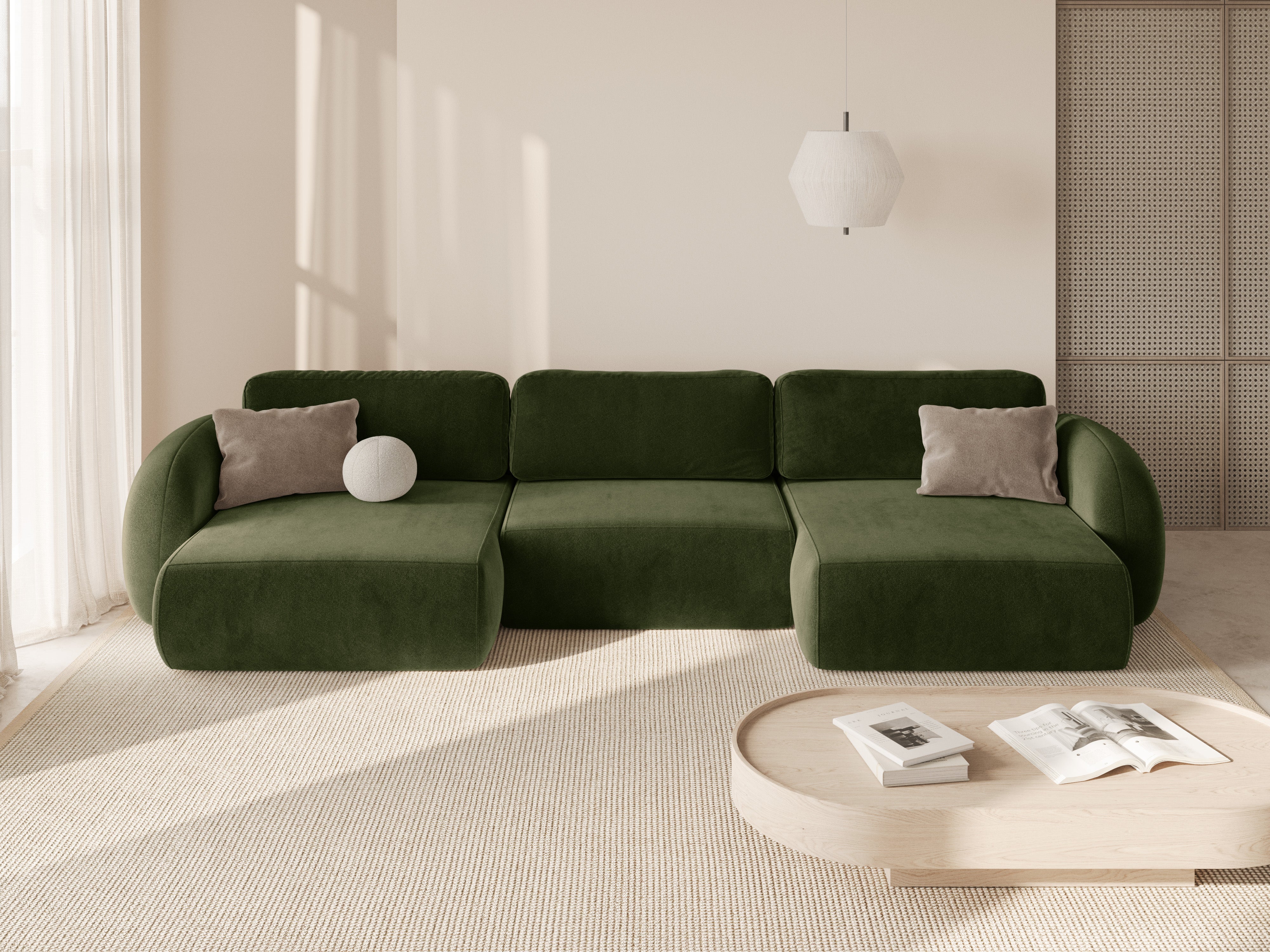 Sofa panoramiczna aksamitna z funkcją spania 5-osobowa TONALE wojskowa zieleń