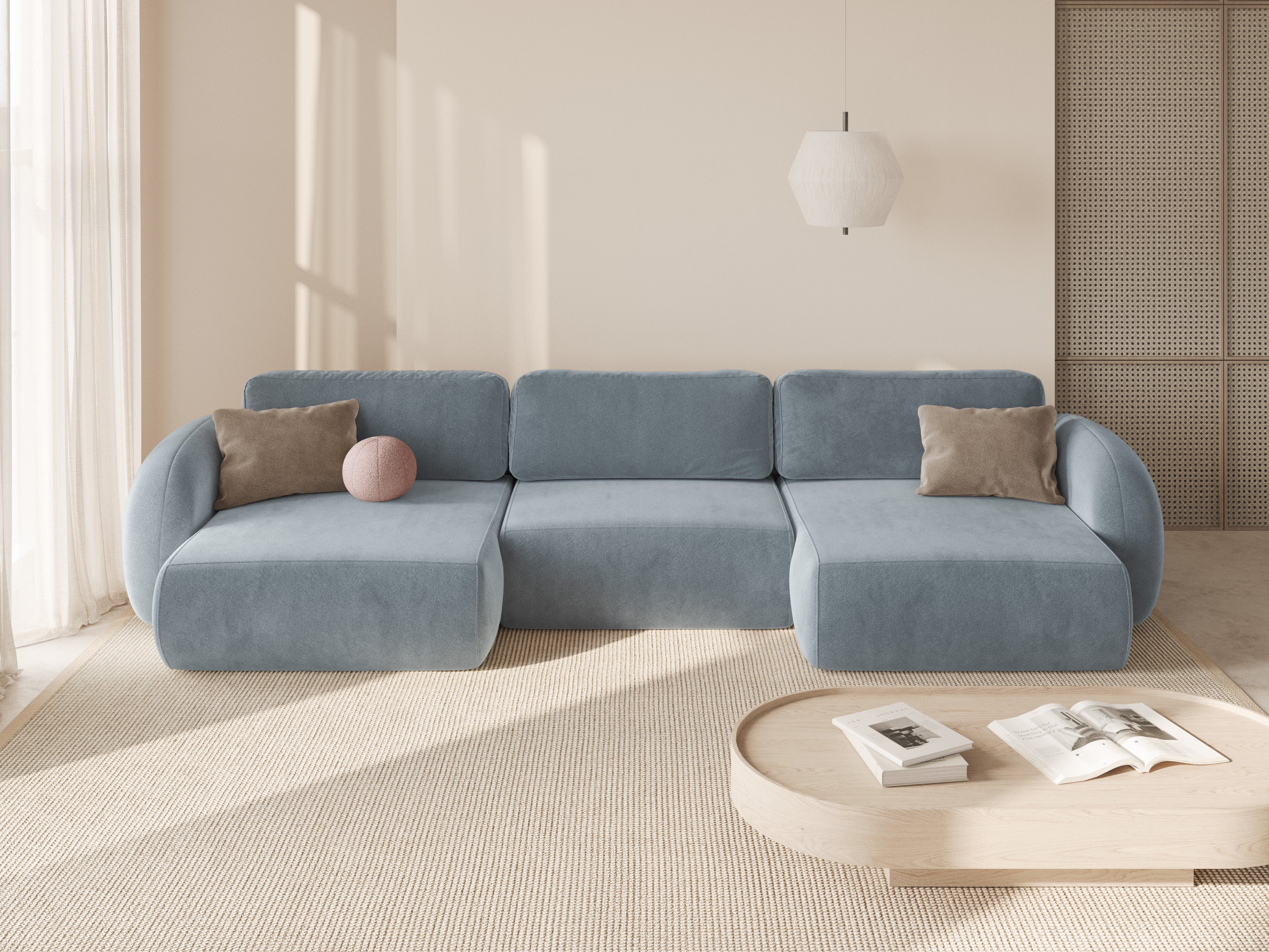 Sofa panoramiczna aksamitna z funkcją spania 5-osobowa TONALE błękitny