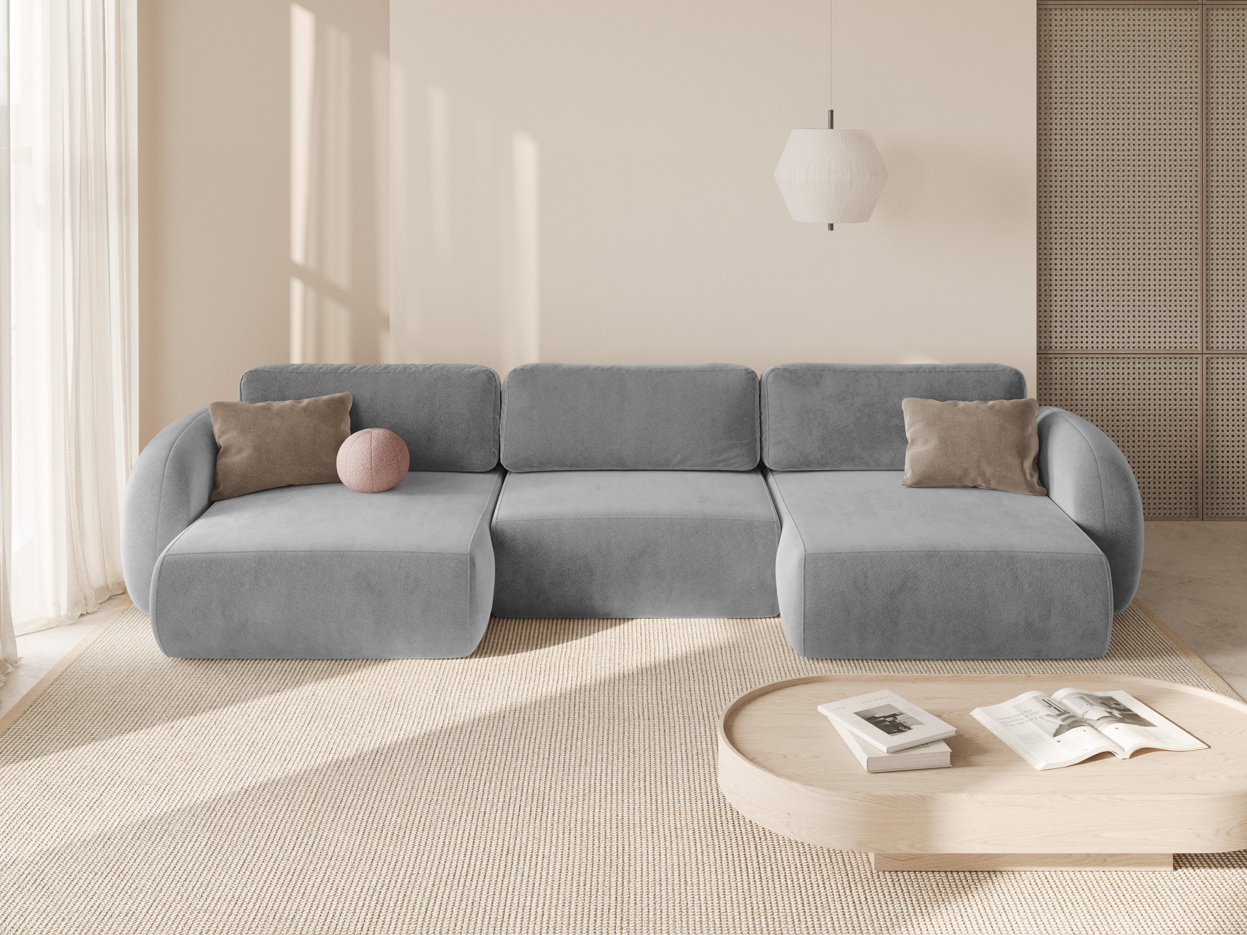 Sofa panoramiczna aksamitna z funkcją spania 5-osobowa TONALE jasnoszary