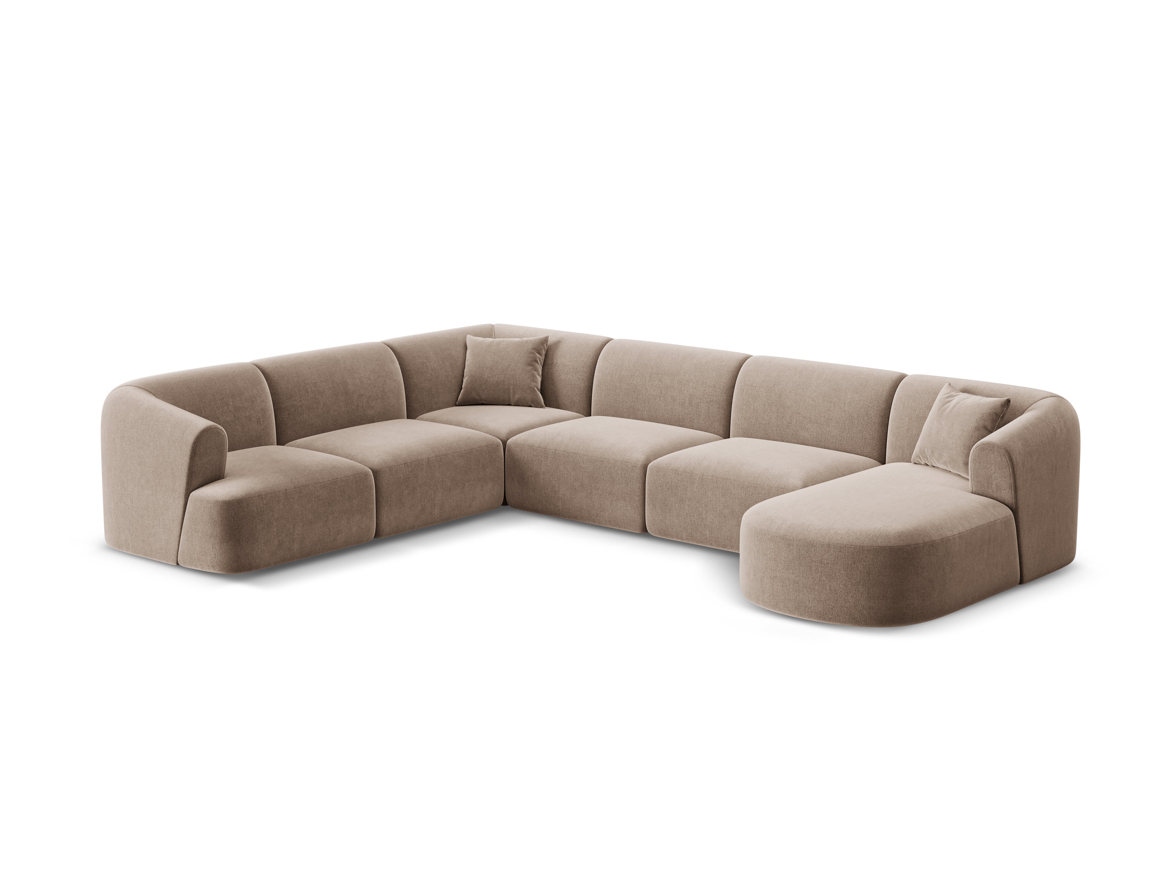 Linksseitiges, samtiges, panoramisches 7-Sitzer-Sofa CAMPI in dunkelbeige