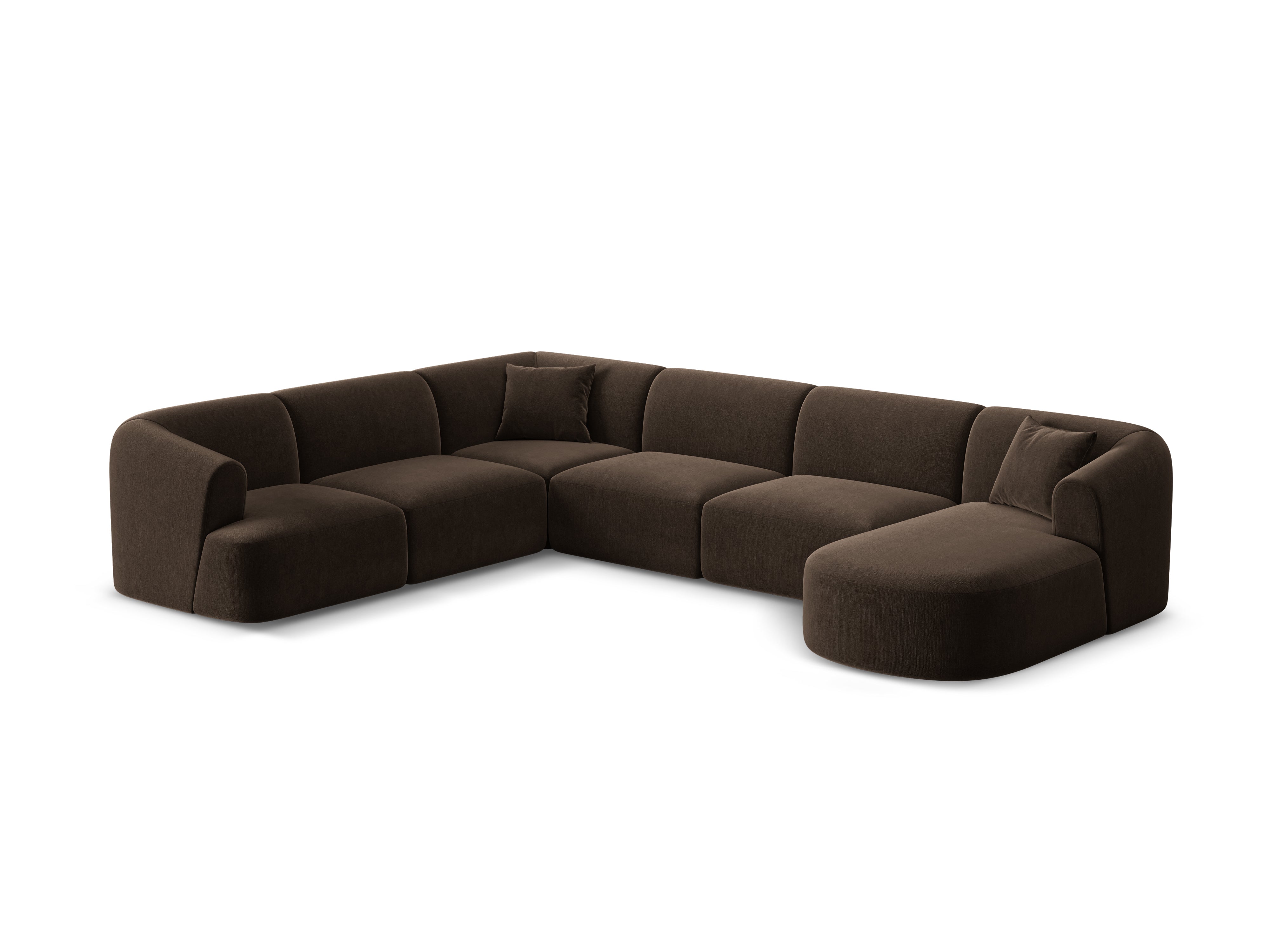 Linksseitiges, samtiges, panoramisches 7-Sitzer-Sofa CAMPI in Schokoladenfarbe