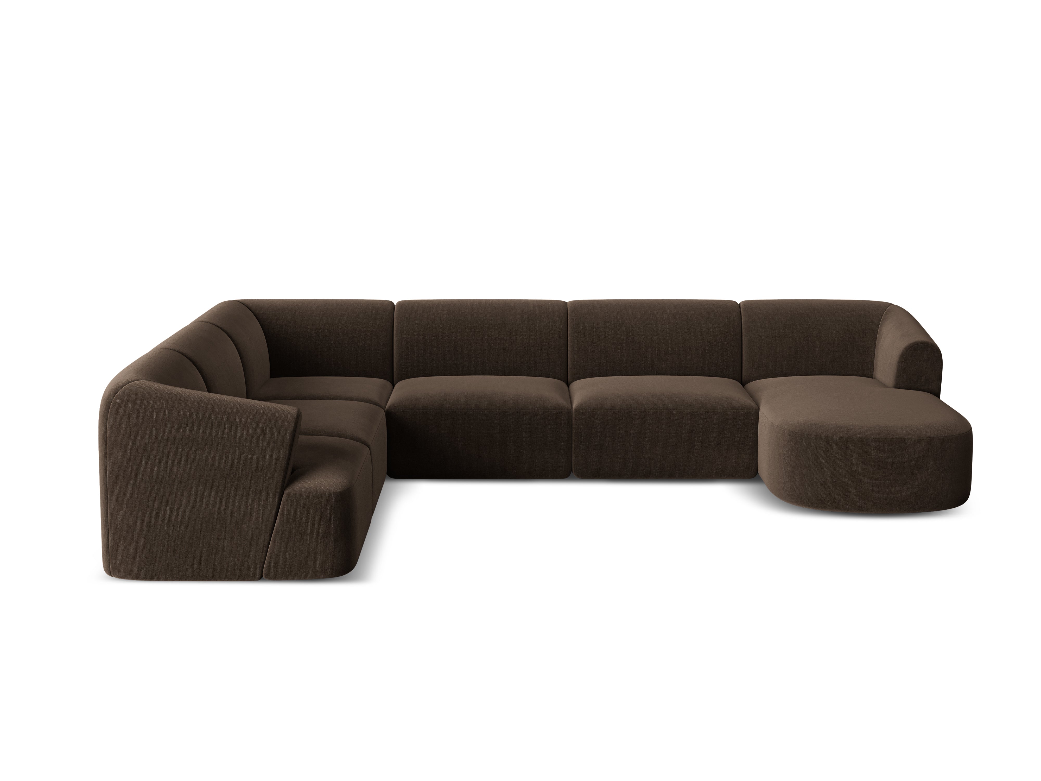 Linksseitiges, samtiges, panoramisches 7-Sitzer-Sofa CAMPI in Schokoladenfarbe