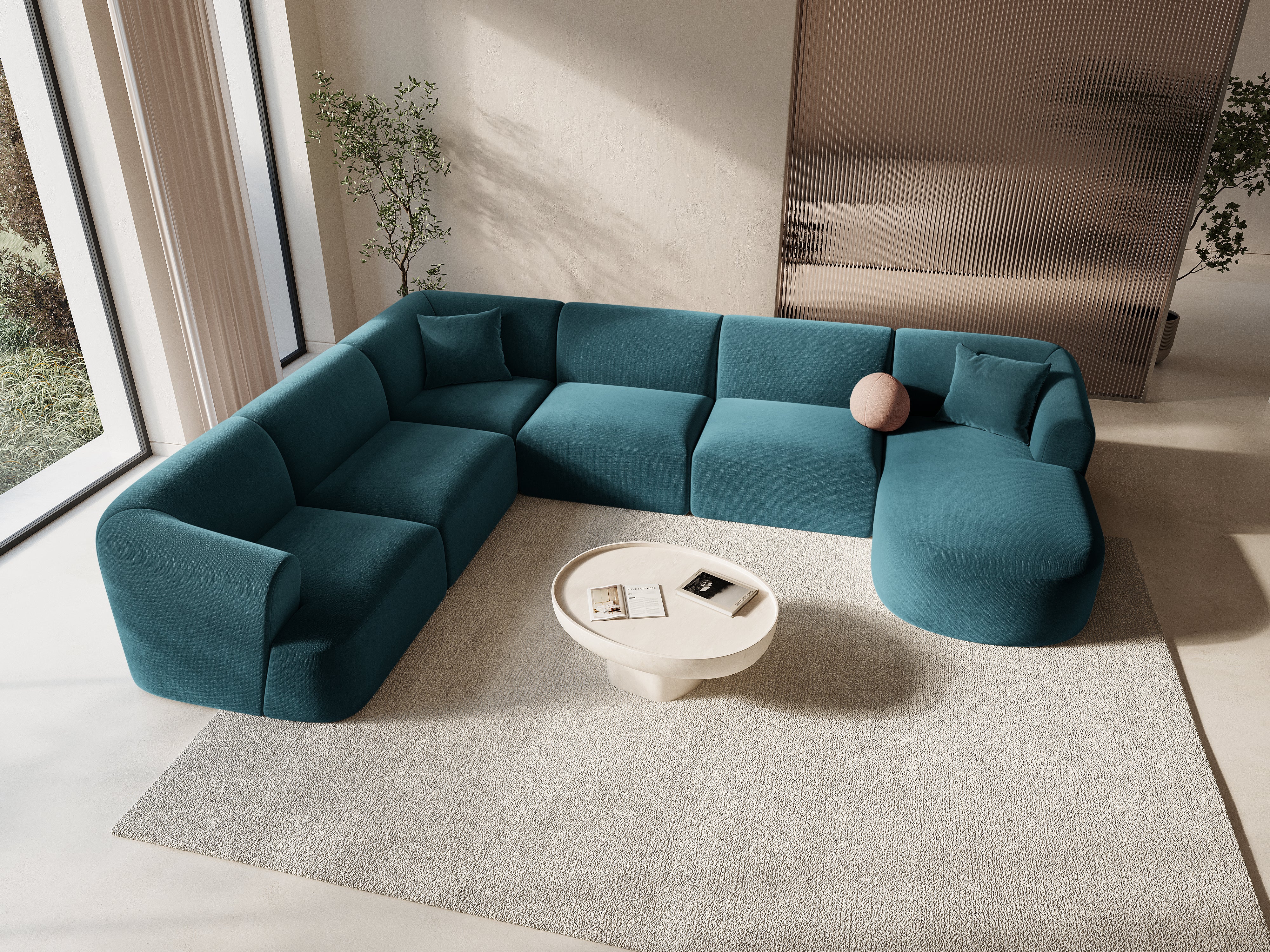 Left-sided velvet panoramic corner sofa for 7 people CAMPI petrol