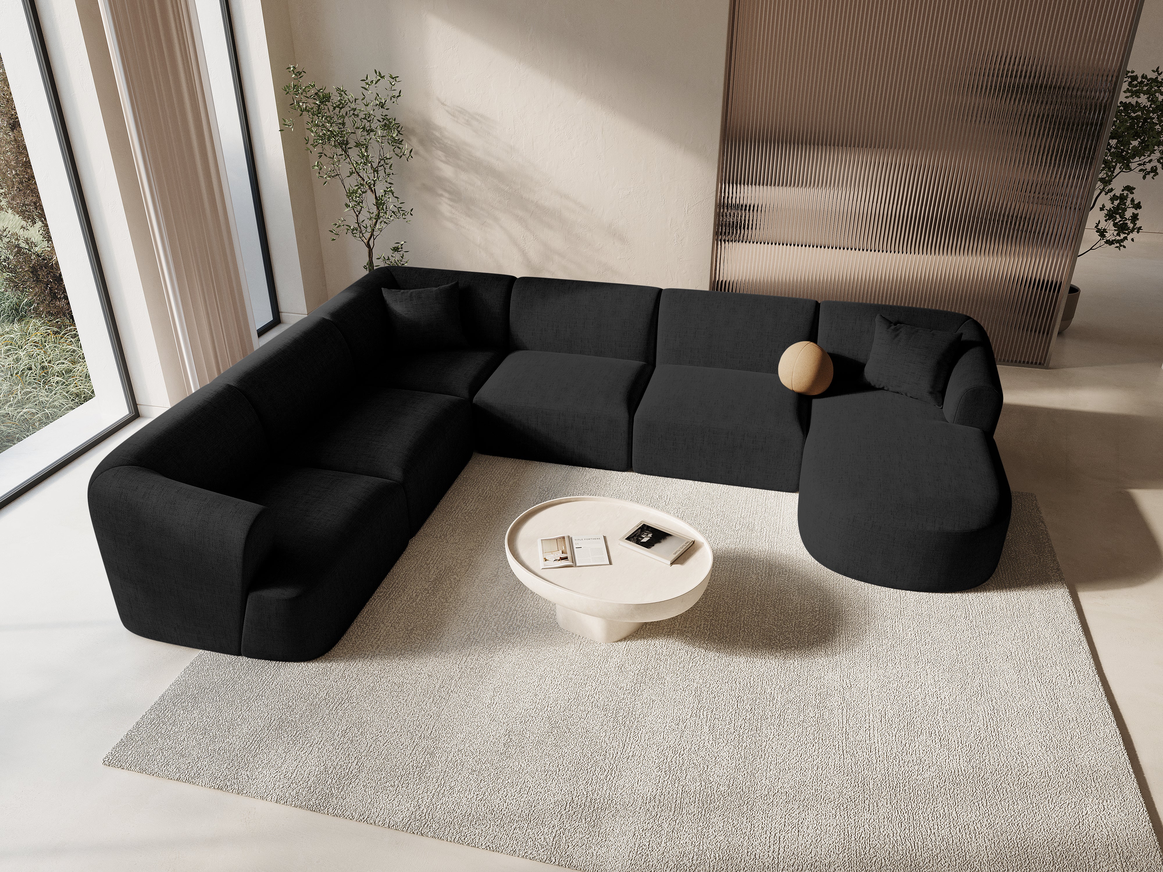 Left-sided panoramic corner sofa for 7 people CAMPI black chenille