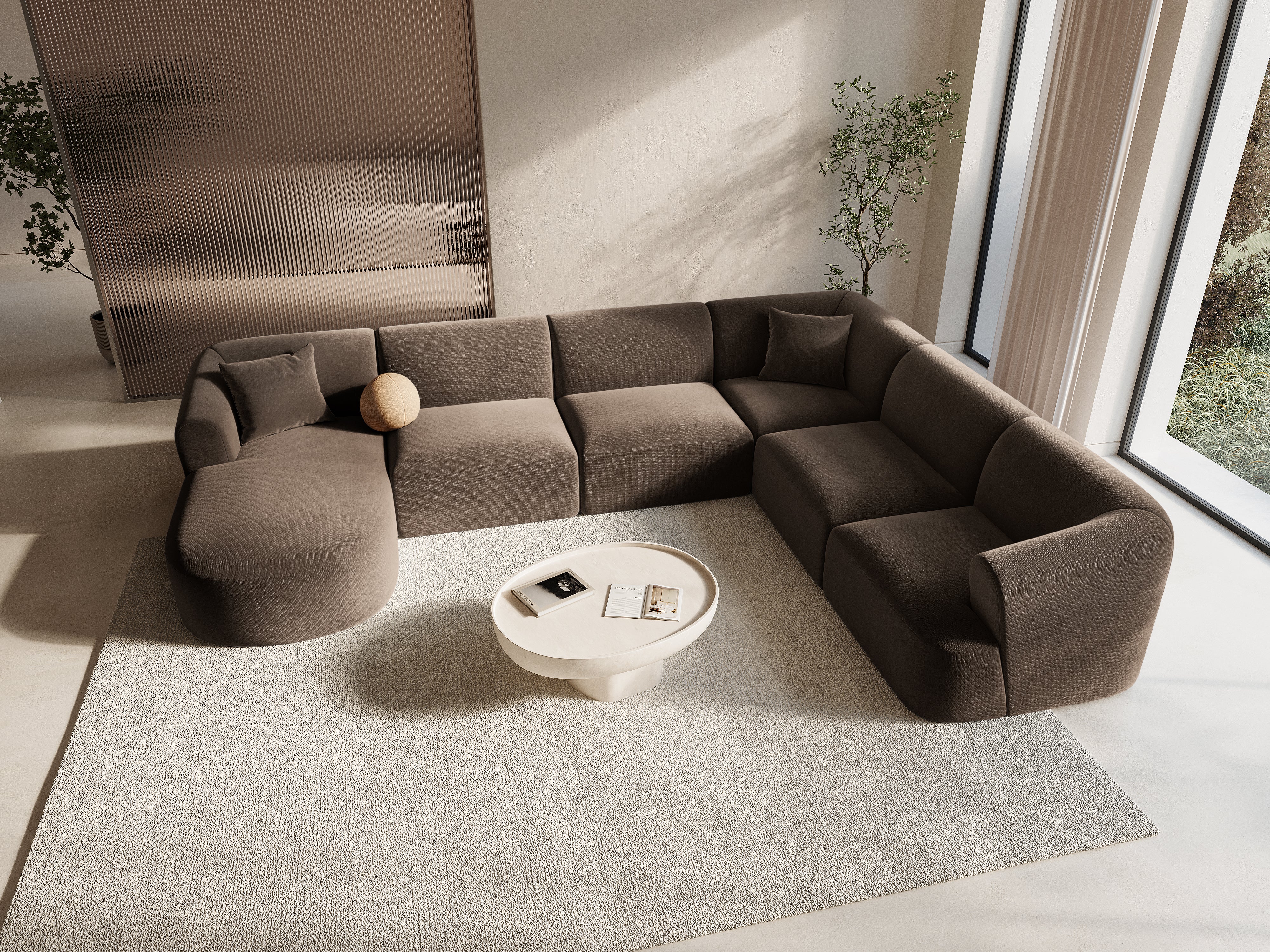 Right-facing velvet panoramic corner sofa for 7 people CAMPI chocolate