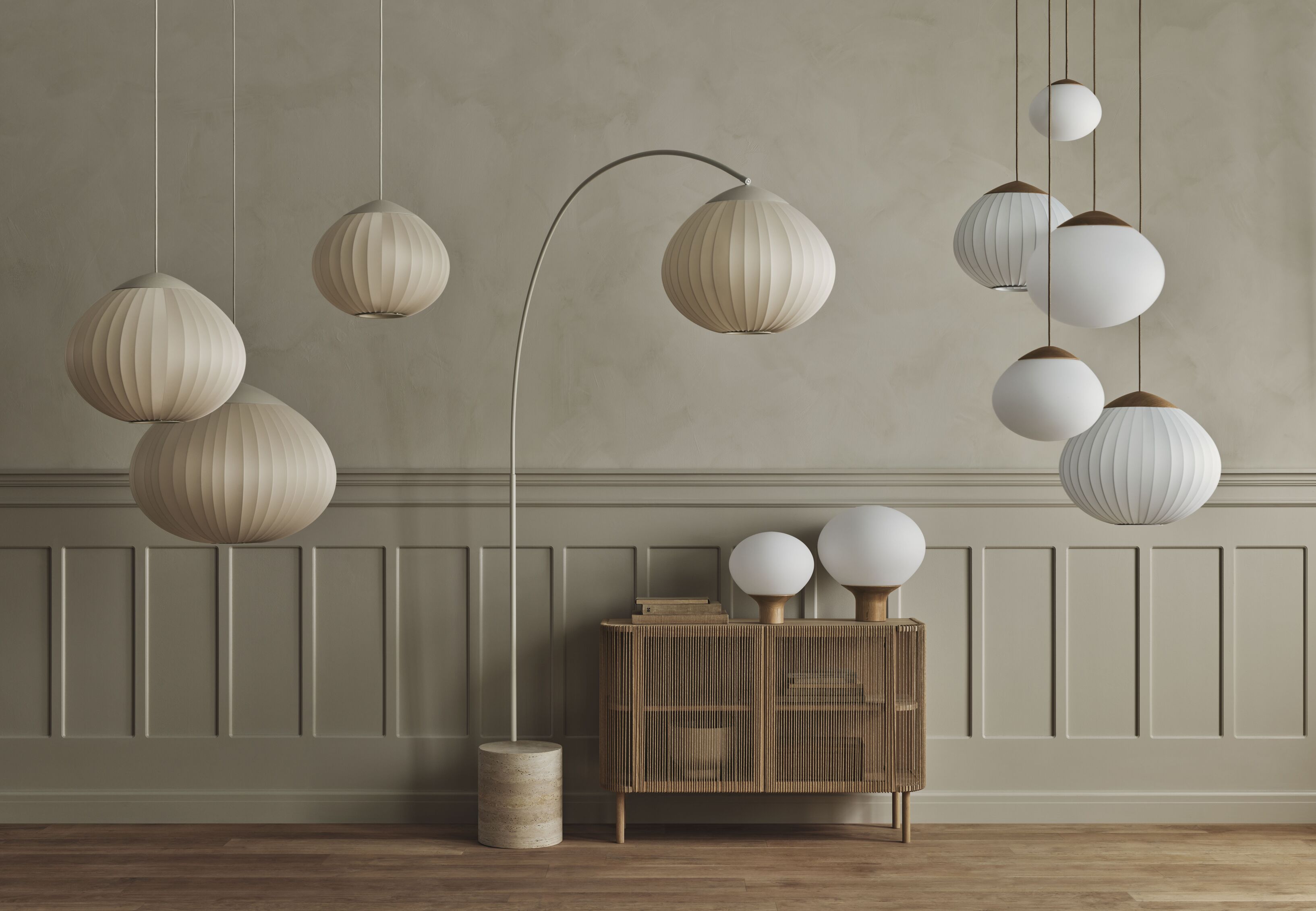 Arc floor lamp ACORN beige with travertine base