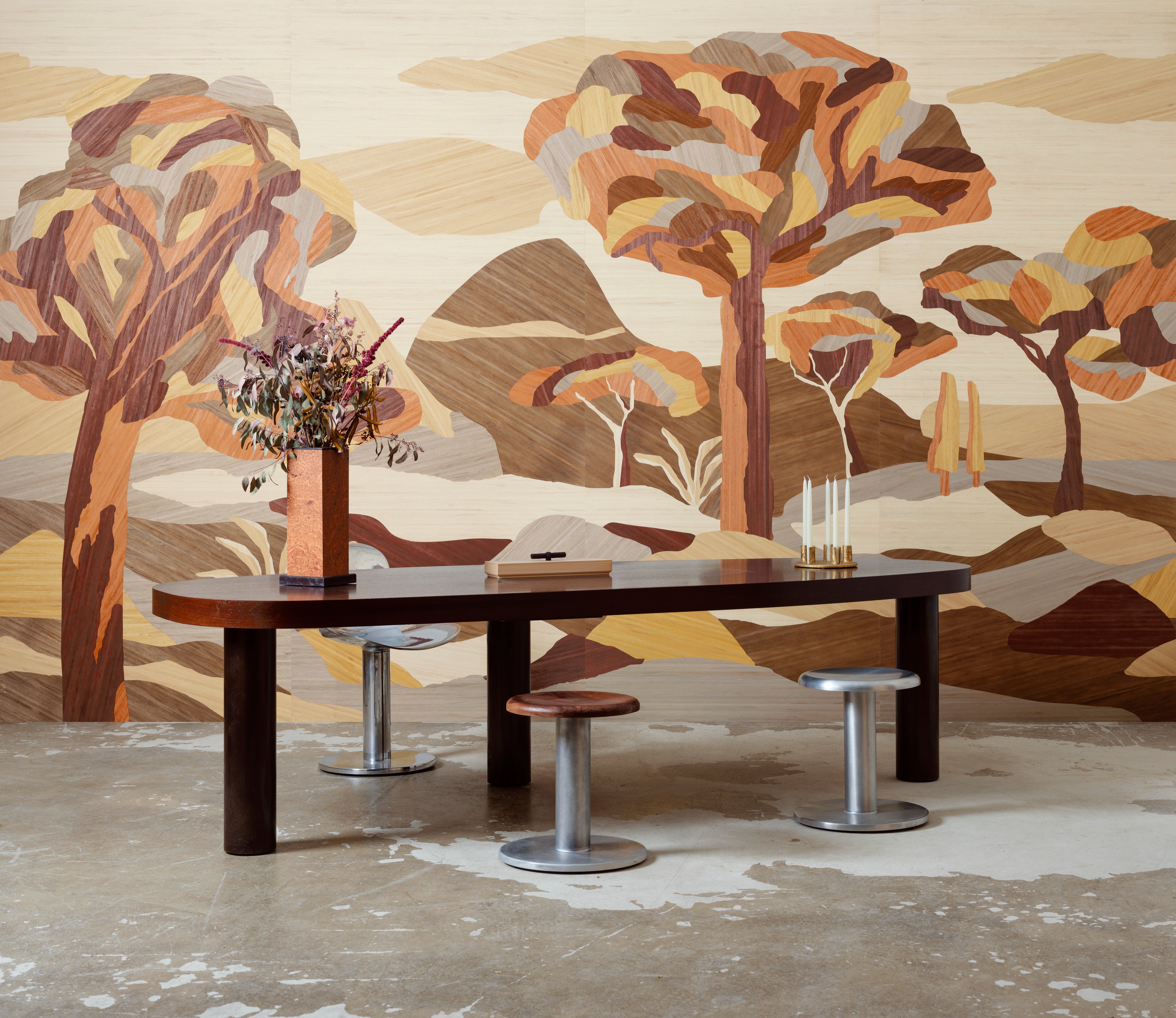Wandbild z forniru UNTER DEM PLATANENBAUM orange