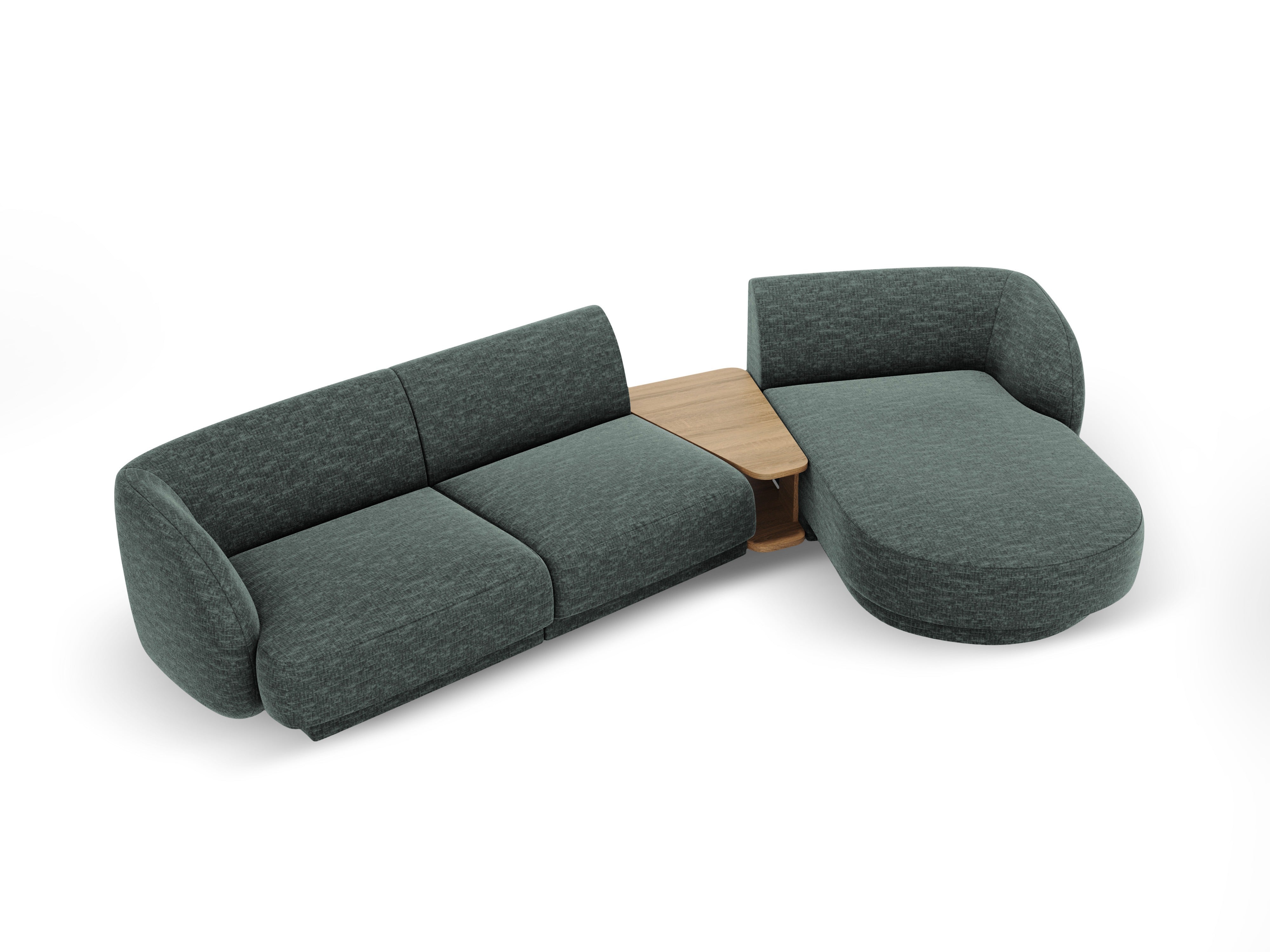 Modular corner sofa with table 3-seater right-sided MILEY petrol silky chenille
