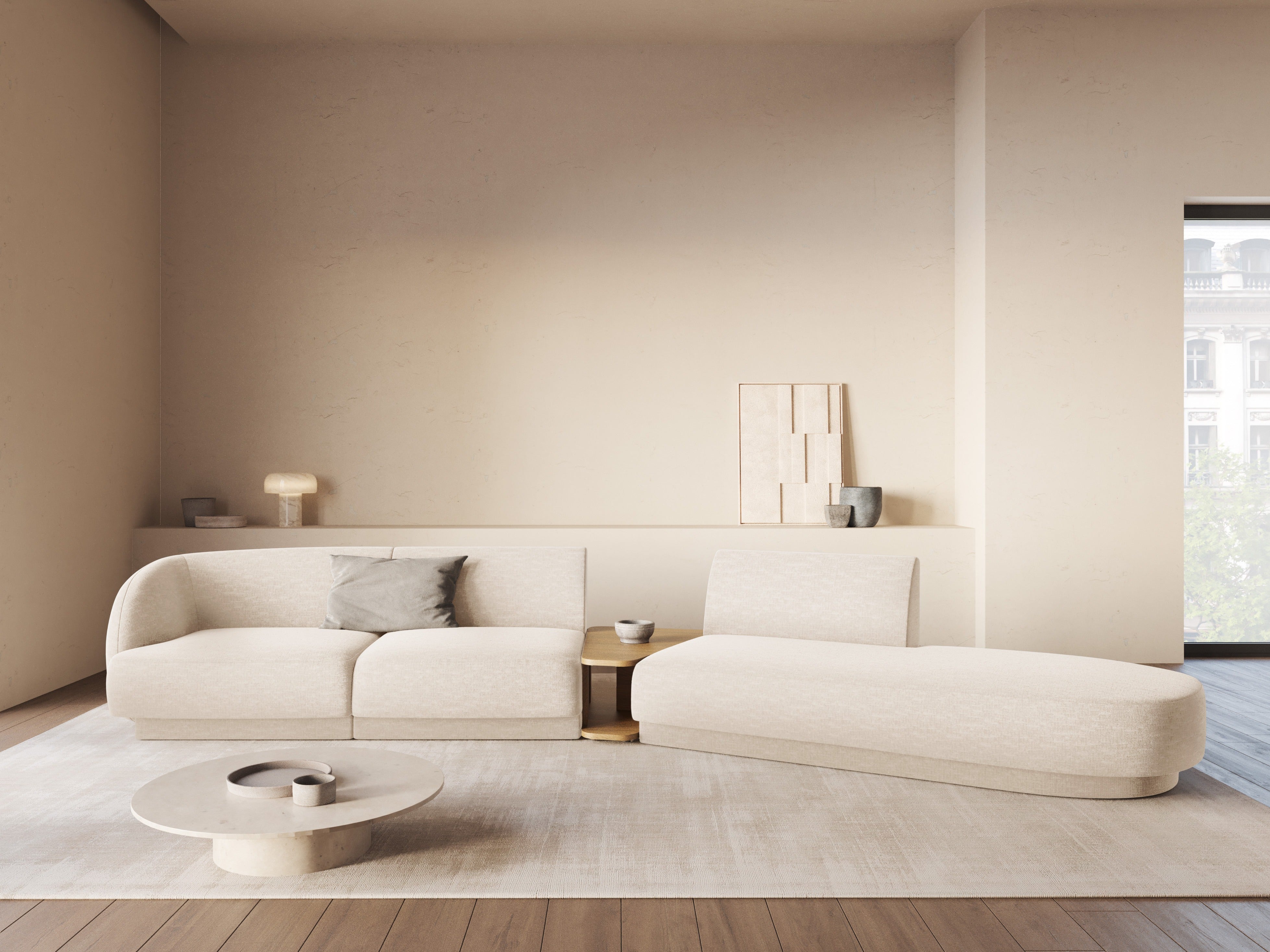 Sofa modułowa prawostronna ze stolikiem 4-osobowa MILEY jasnobeżowy szenil jedwabisty
