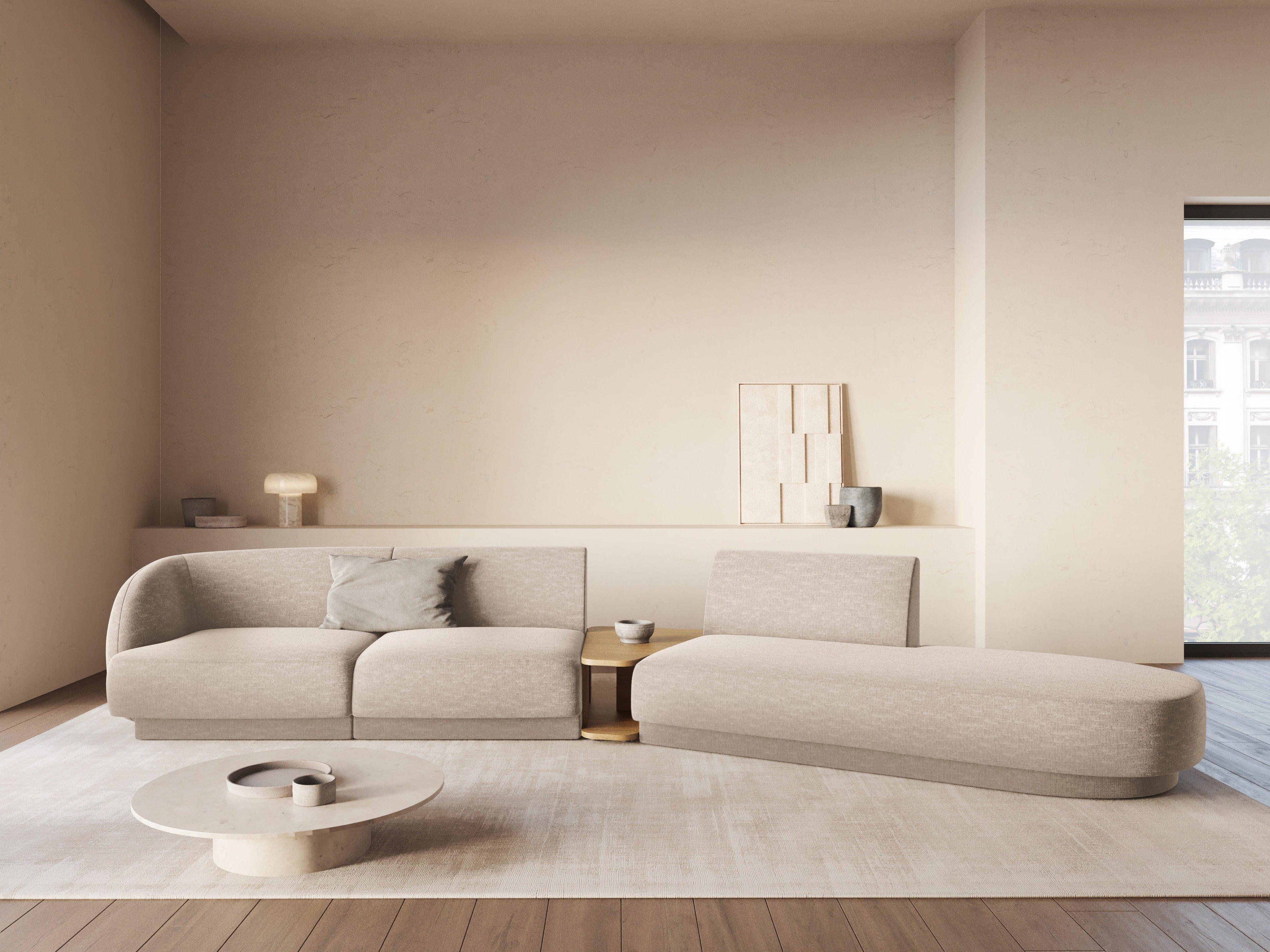 Sofa modułowa prawostronna ze stolikiem 4-osobowa MILEY beżowy szenil jedwabisty