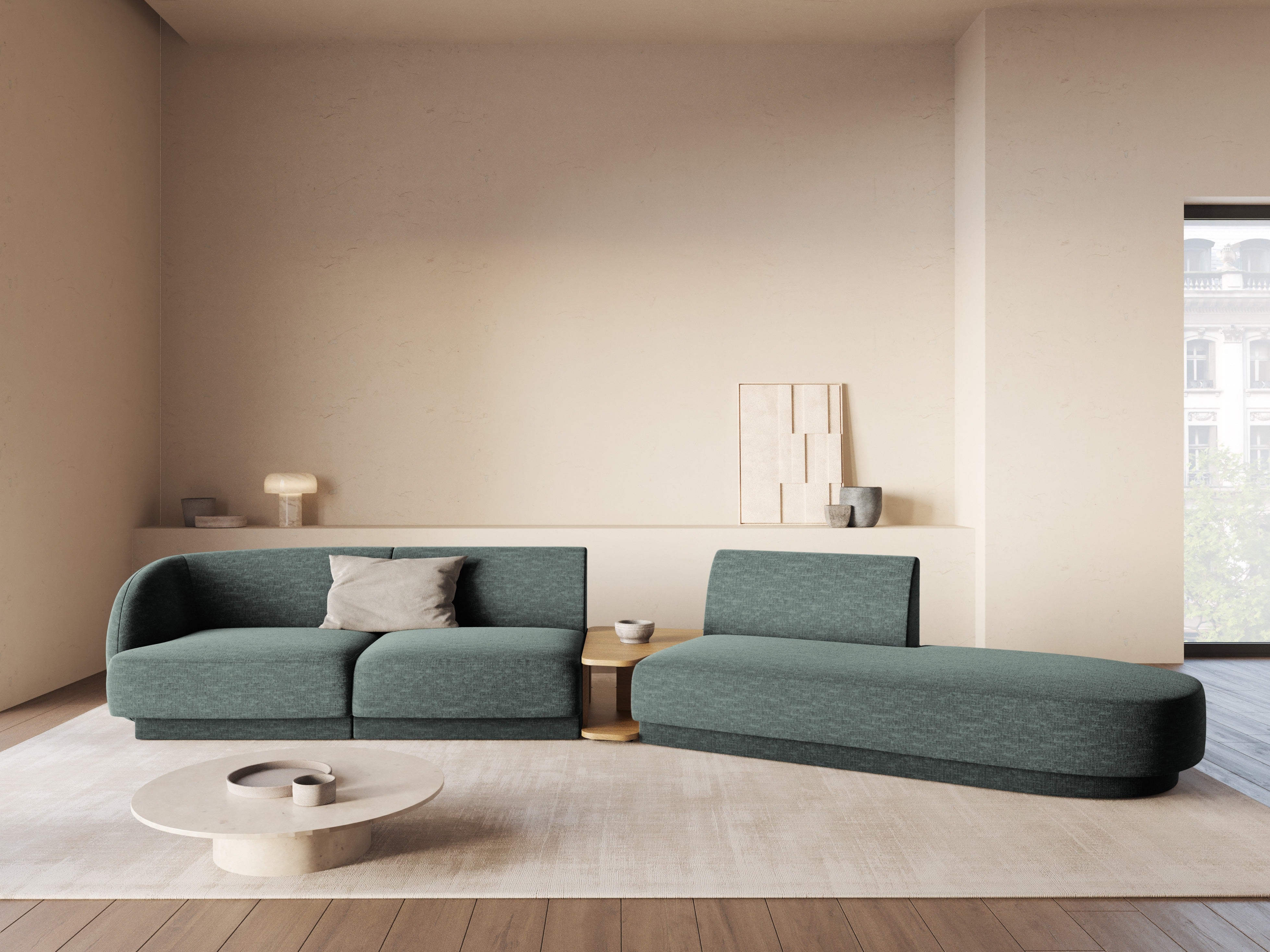 Sofa modułowa prawostronna ze stolikiem 4-osobowa MILEY petrol szenil jedwabisty