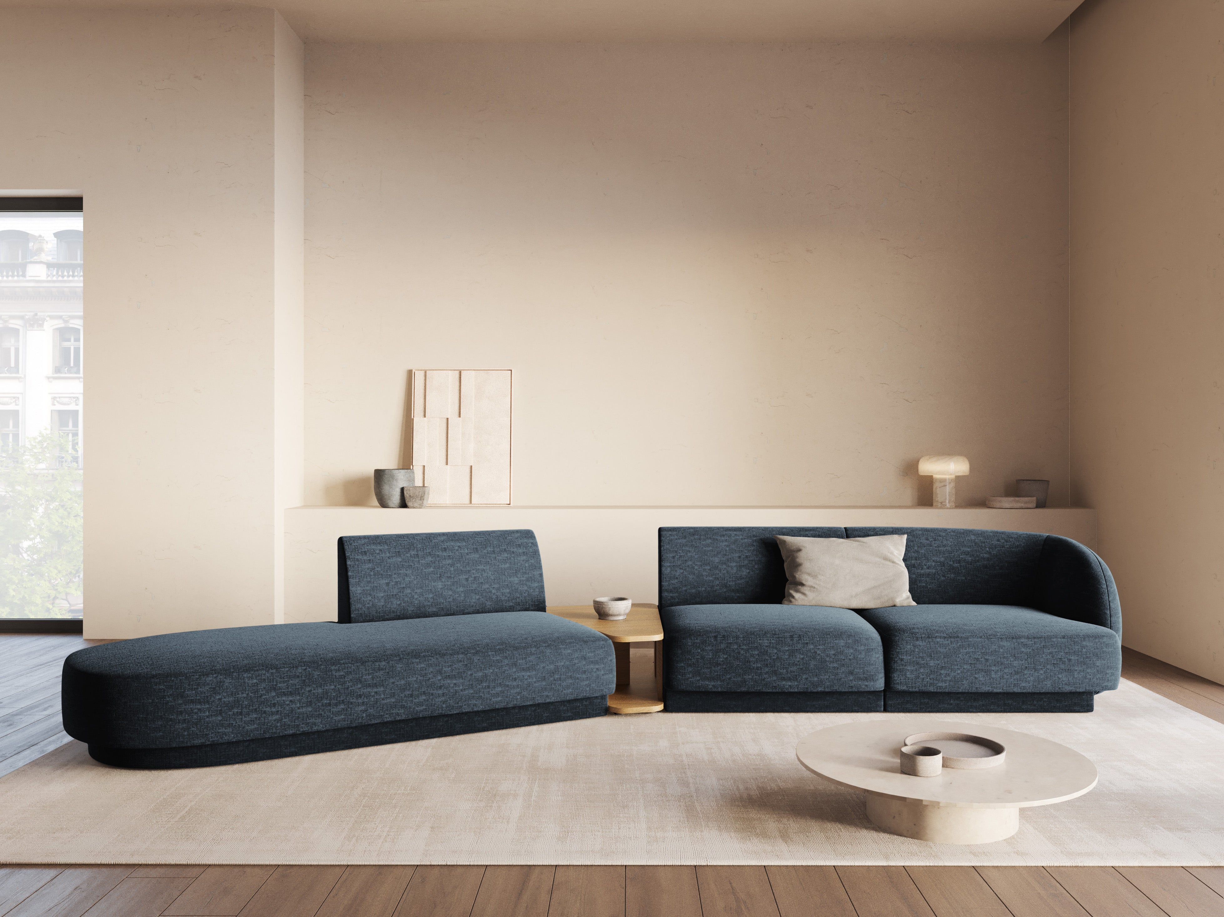 Sofa modułowa lewostronna ze stolikiem 4-osobowa MILEY granat królewski szenil jedwabisty