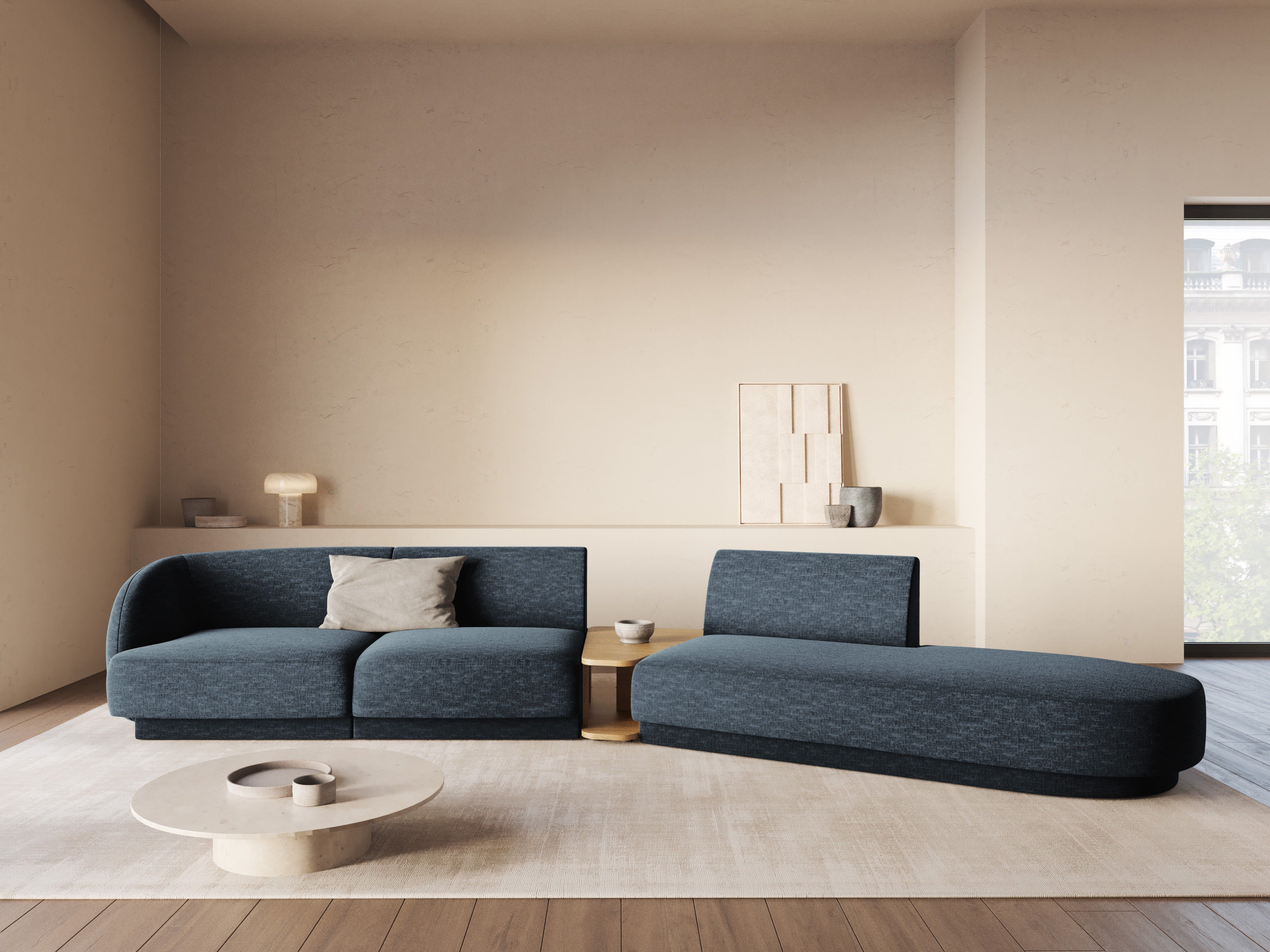 Sofa modułowa prawostronna ze stolikiem 4-osobowa MILEY granat królewski szenil jedwabisty