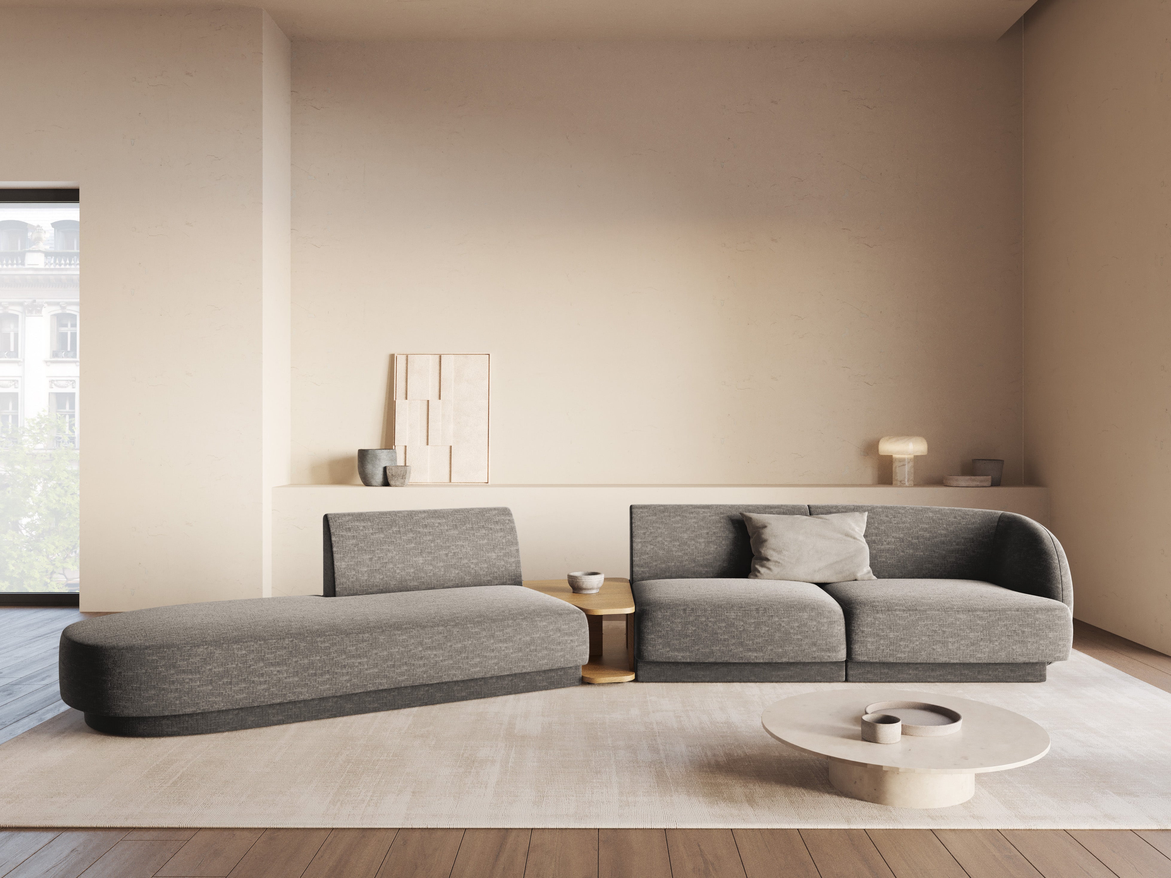 Modulares Sofa links mit Tisch für 4 Personen MILEY graues Chenille seidig