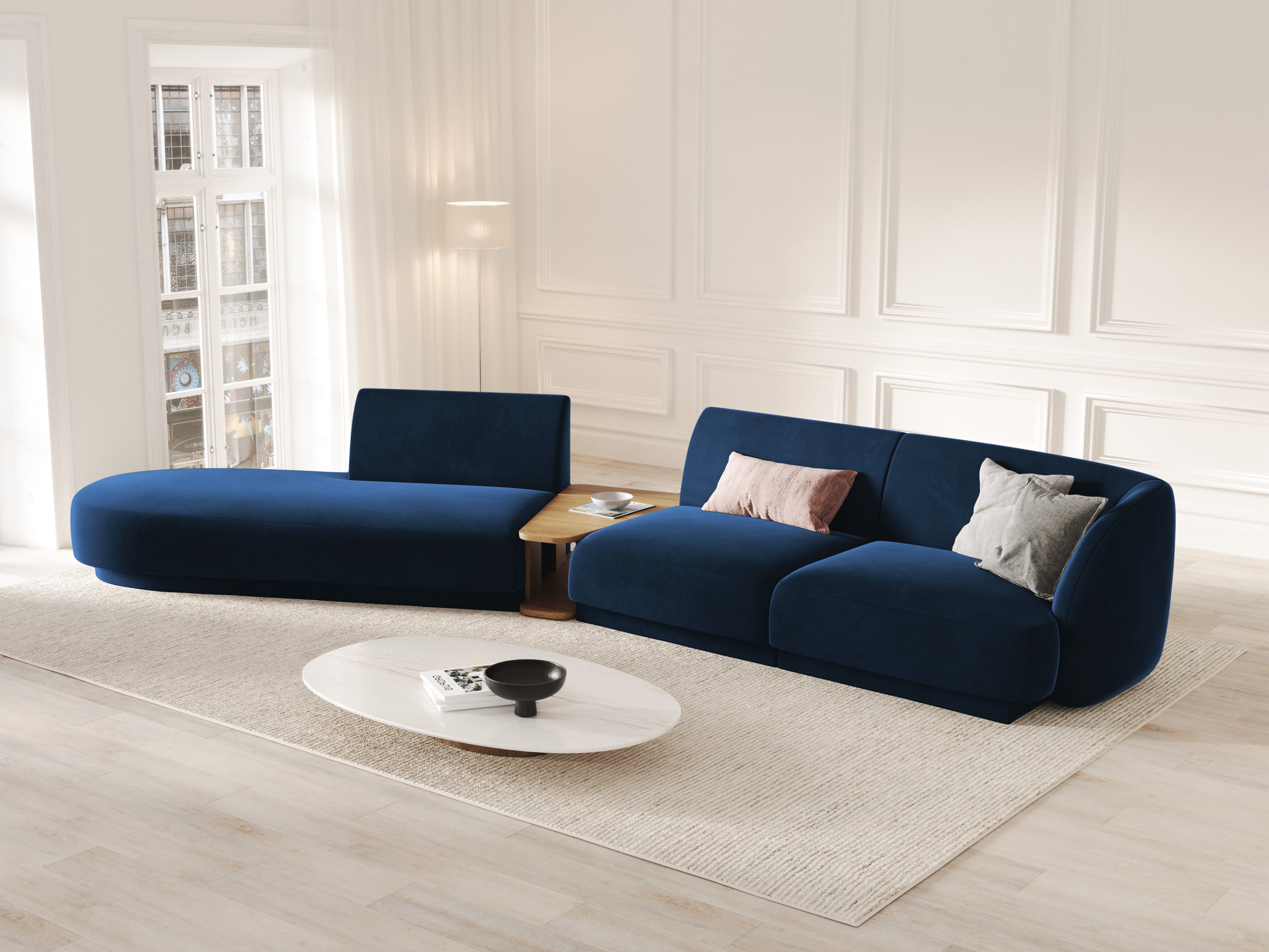 Sofa modułowa lewostronna ze stolikiem 4-osobowa aksamitna MILEY granat królewski