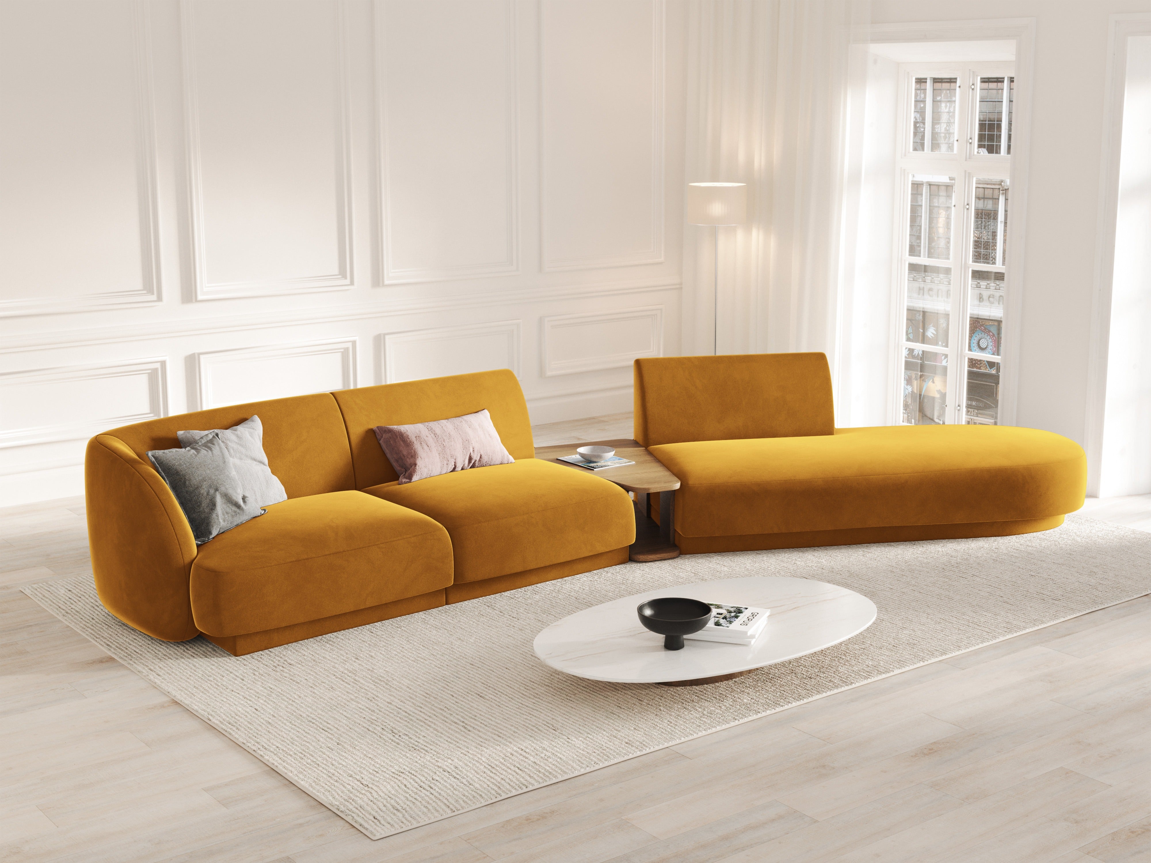 Sofa modułowa prawostronna ze stolikiem 4-osobowa aksamitna MILEY żółty