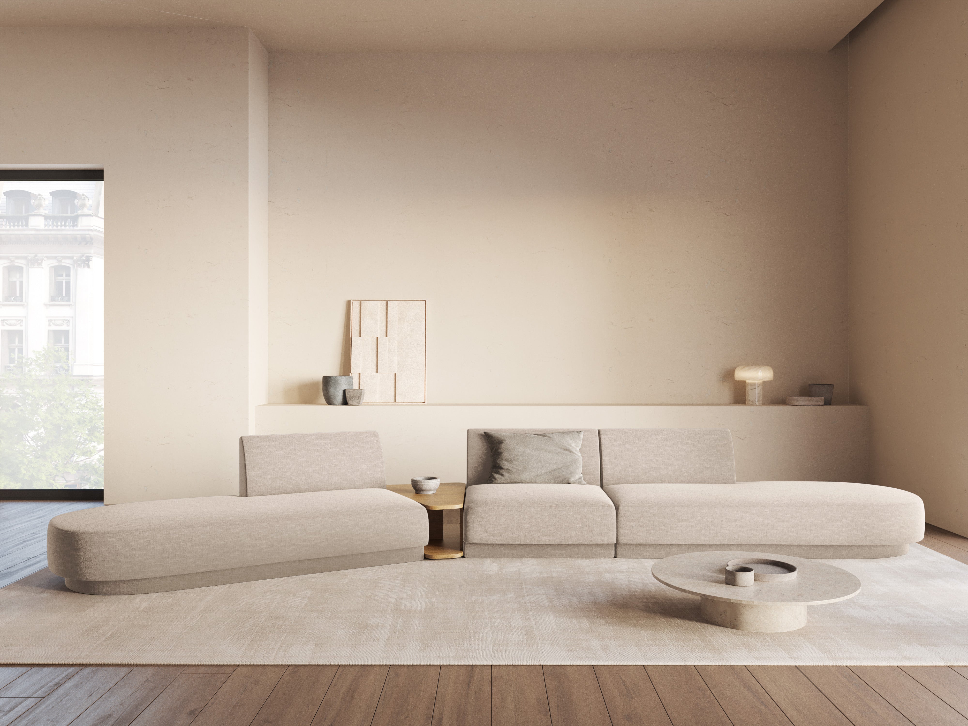 Sofa modułowa lewostronna ze stolikiem 5-osobowa MILEY beżowy szenil jedwabisty