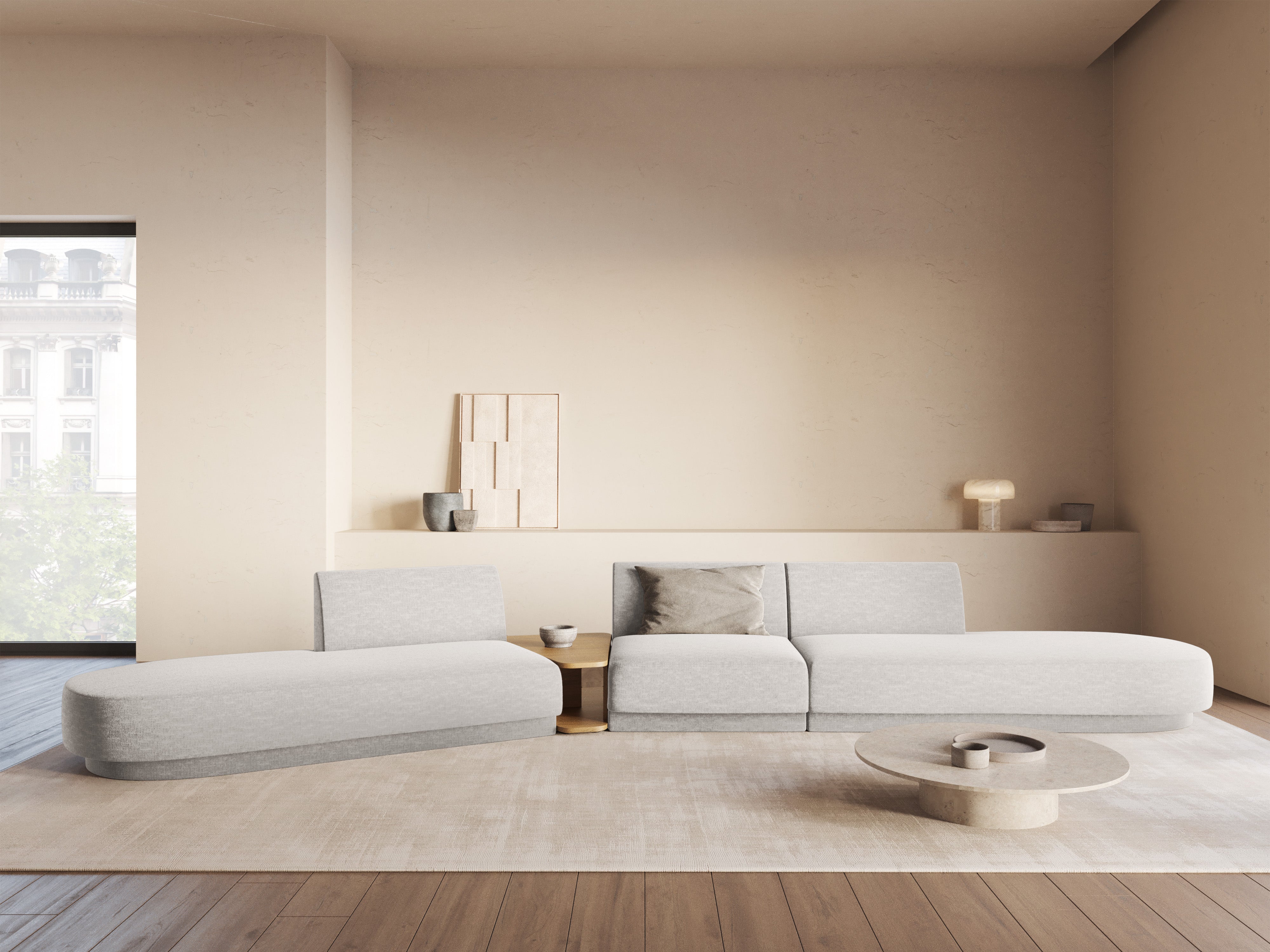 Sofa modułowa lewostronna ze stolikiem 5-osobowa MILEY jasnoszary szenil jedwabisty