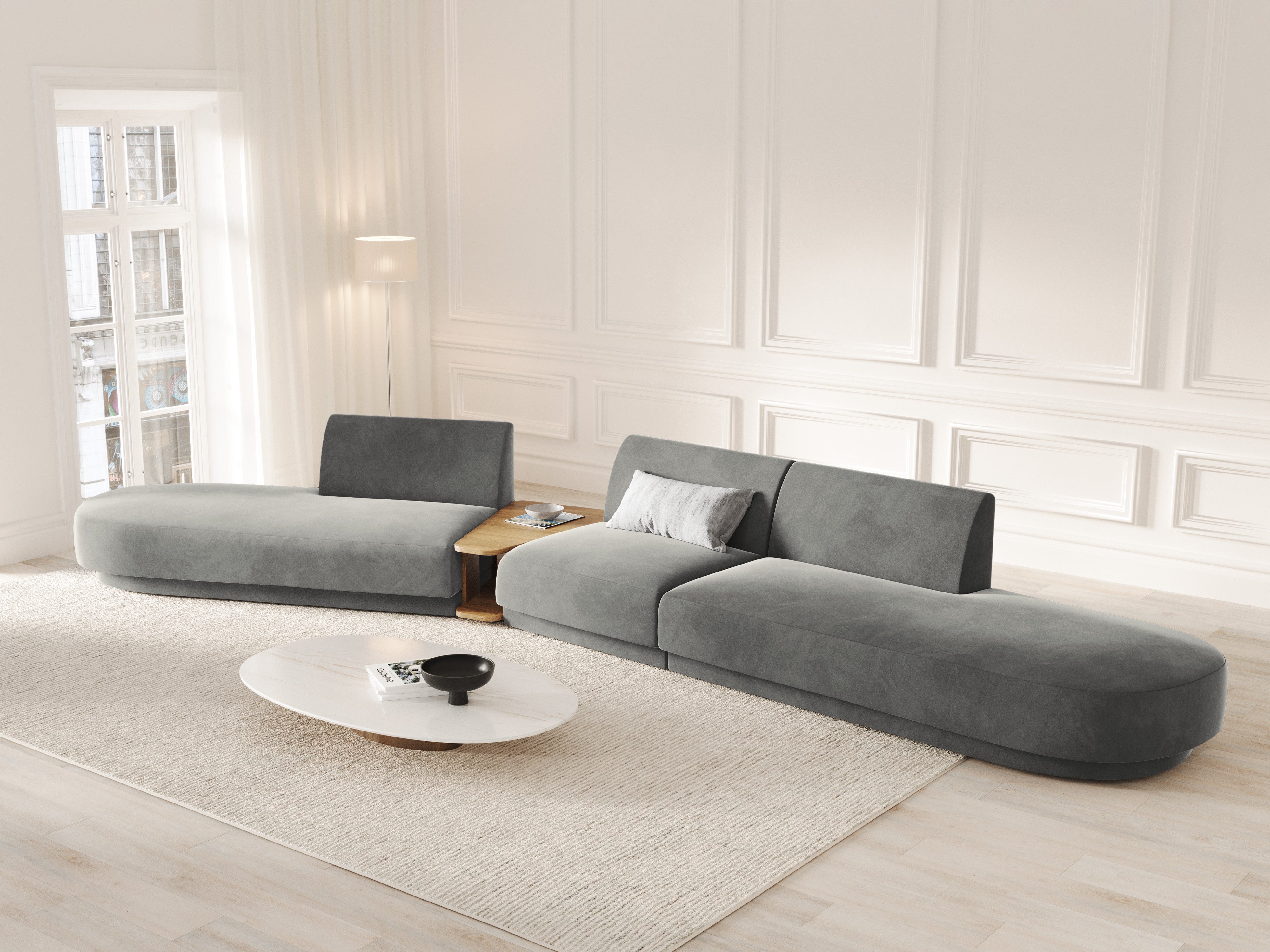 Sofa modułowa lewostronna ze stolikiem 5-osobowa aksamitna MILEY jasnoszary