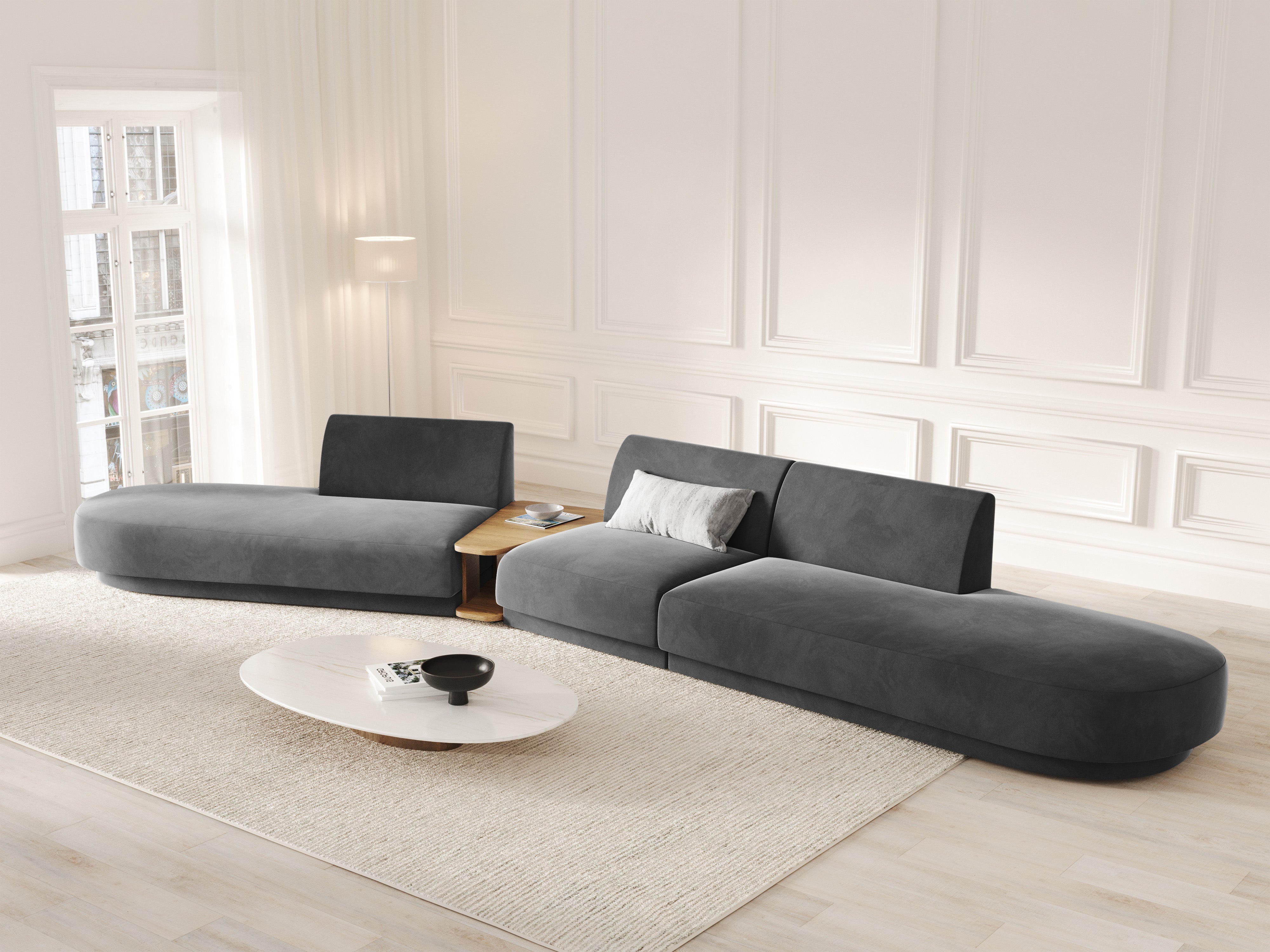 Sofa modułowa lewostronna ze stolikiem 5-osobowa aksamitna MILEY szary