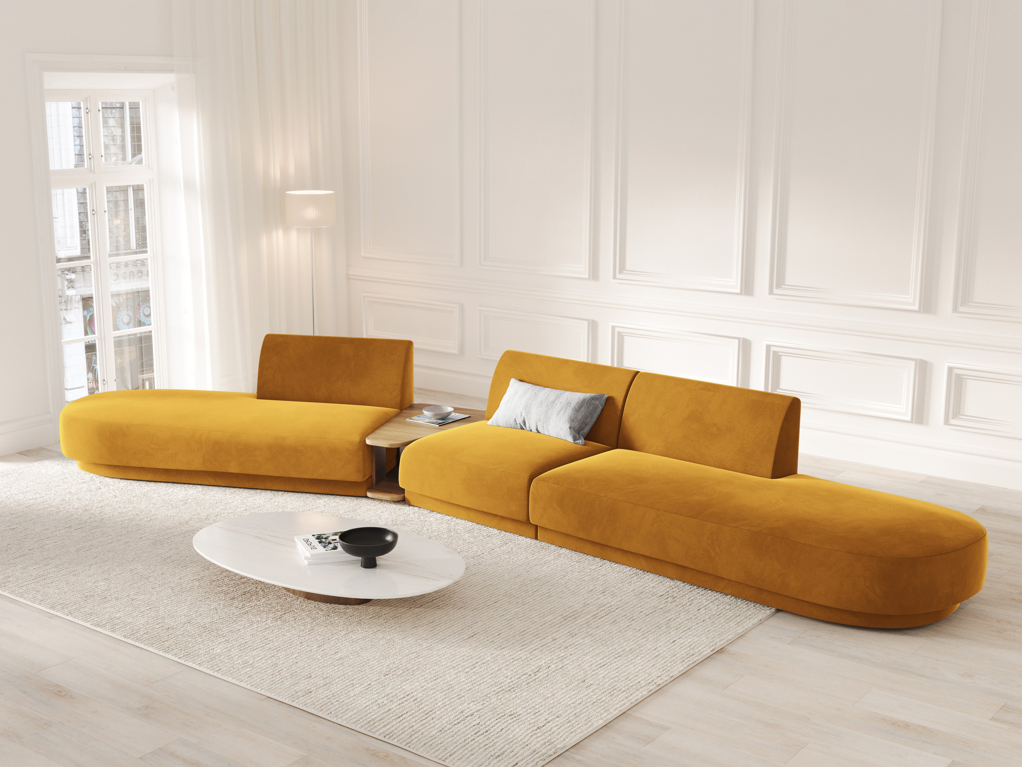 Sofa modułowa lewostronna ze stolikiem 5-osobowa aksamitna MILEY żółty
