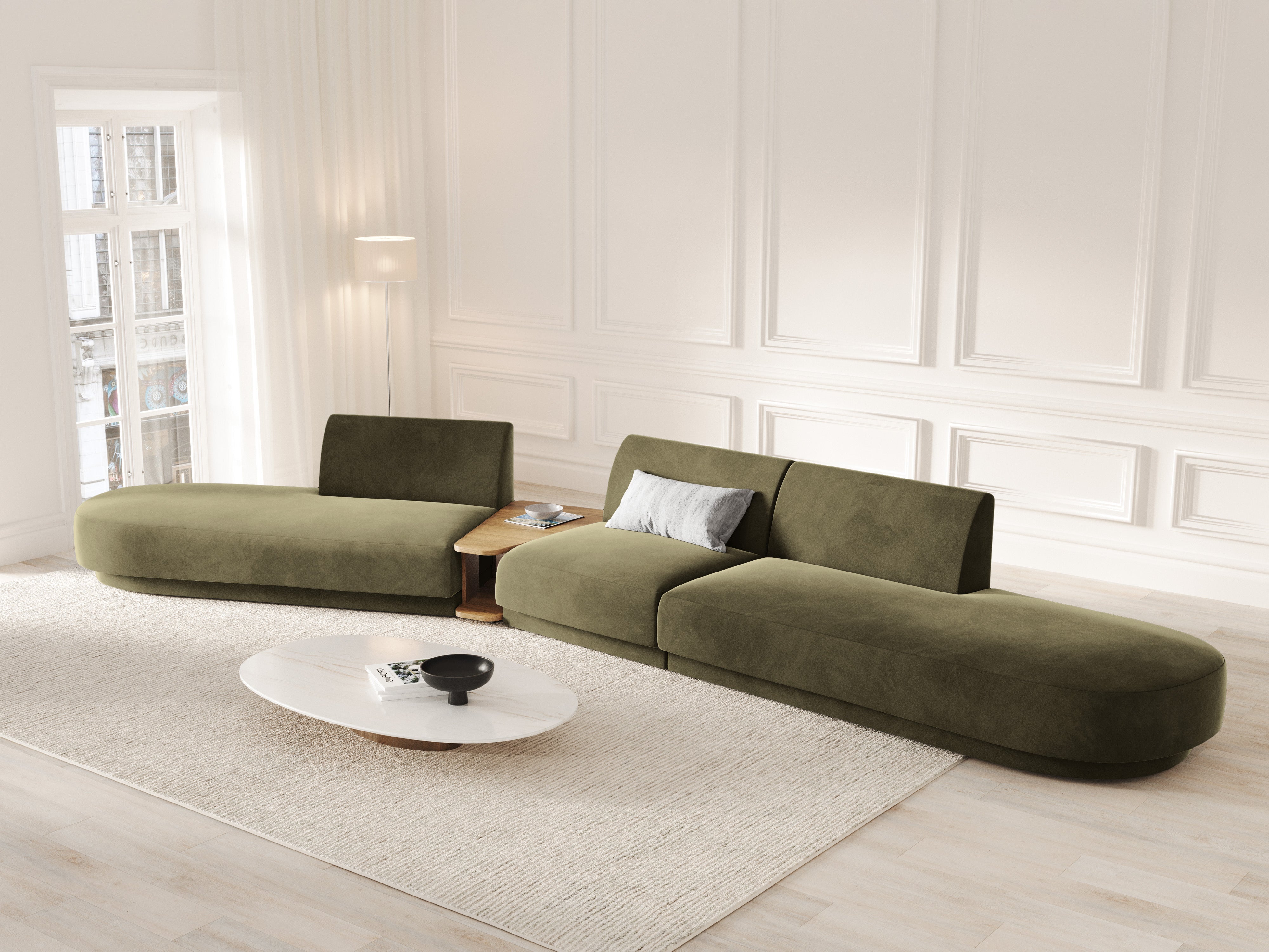 Sofa modułowa lewostronna ze stolikiem 5-osobowa aksamitna MILEY zielony