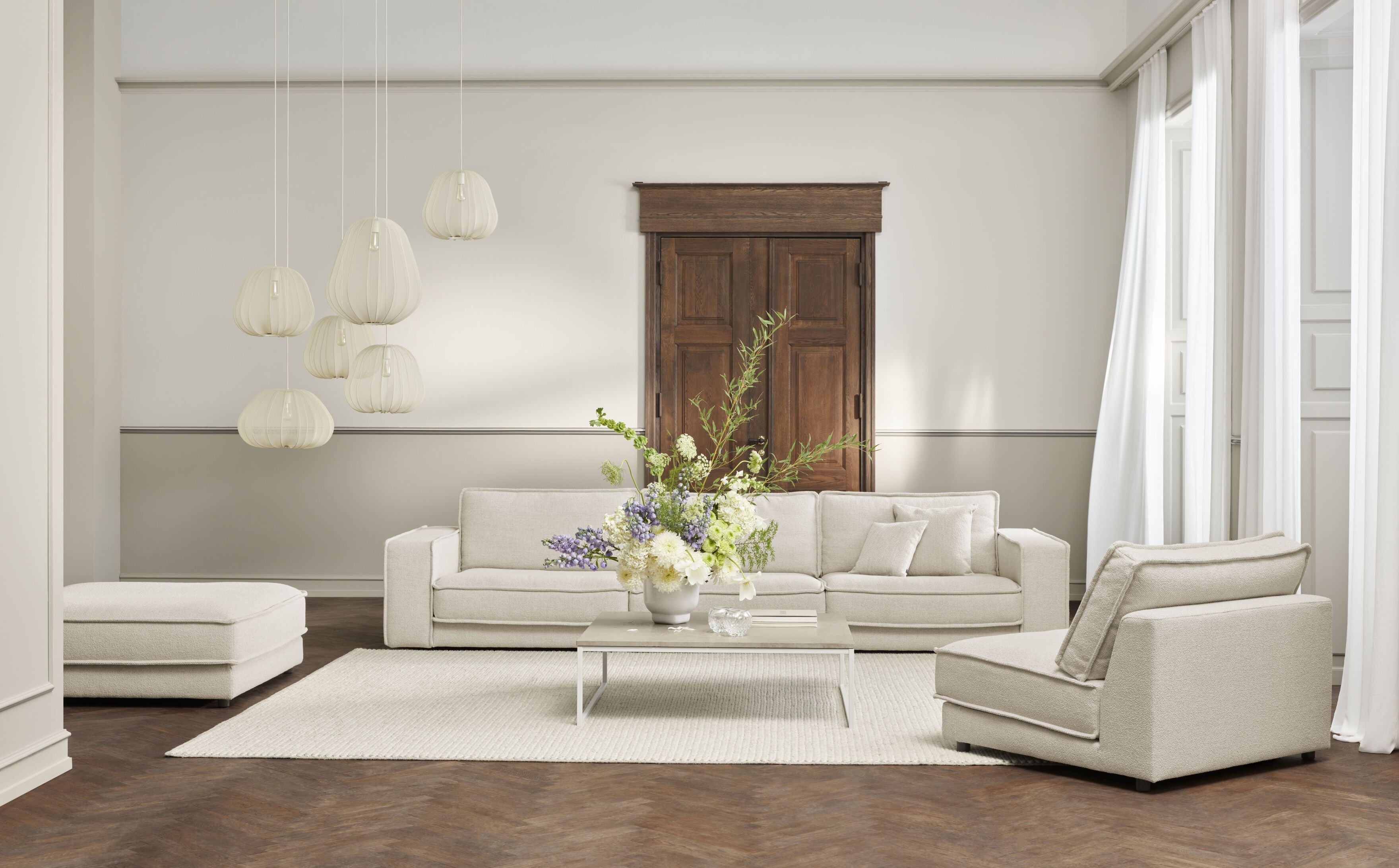 Sofa modułowa NOORA - moduł lewostronny z dębową podstawą