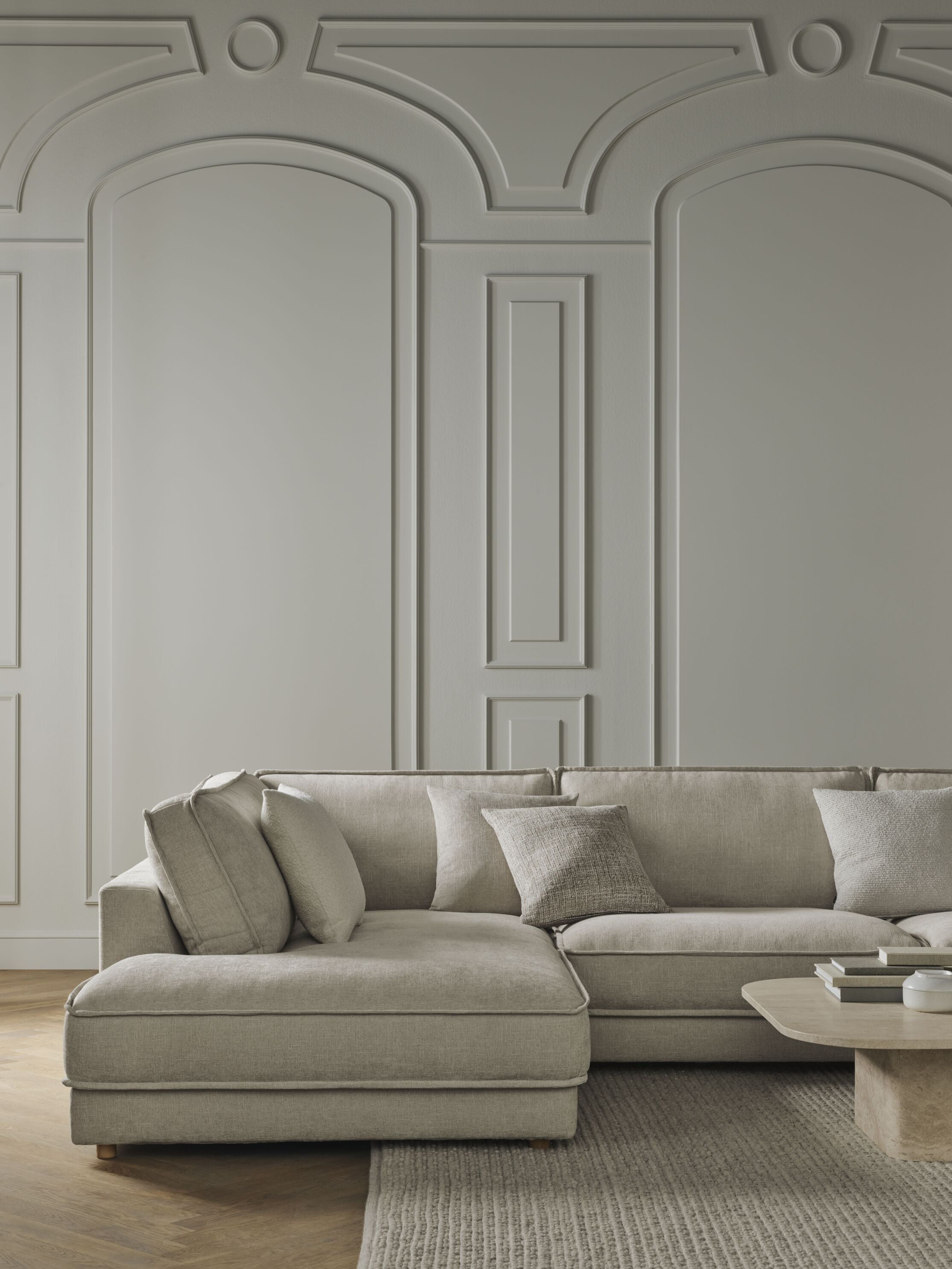 Sofa modułowa NOORA - szezlong lewostronny z dębową podstawą
