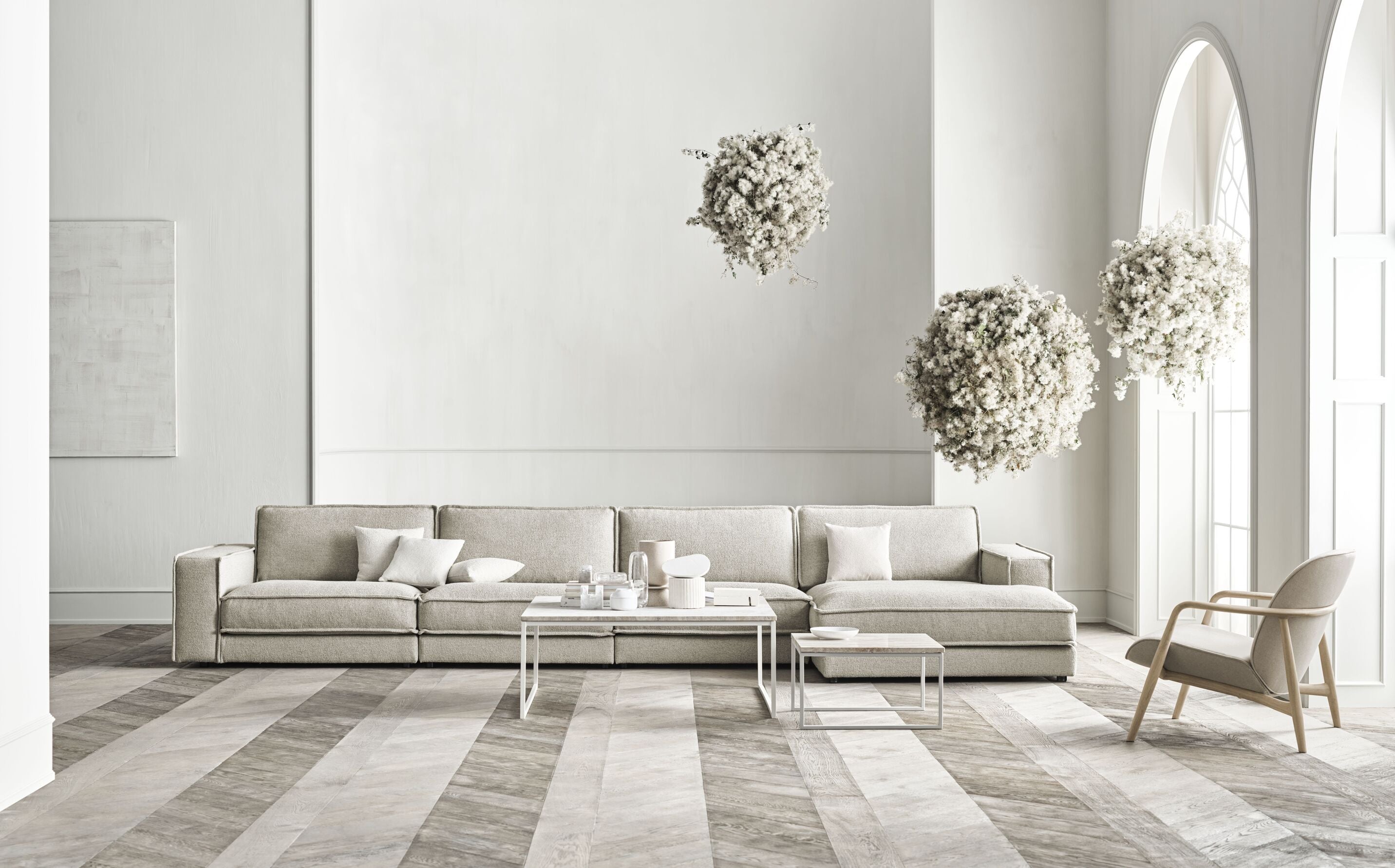 Sofa modułowa NOORA - szezlong lewostronny z dębową podstawą