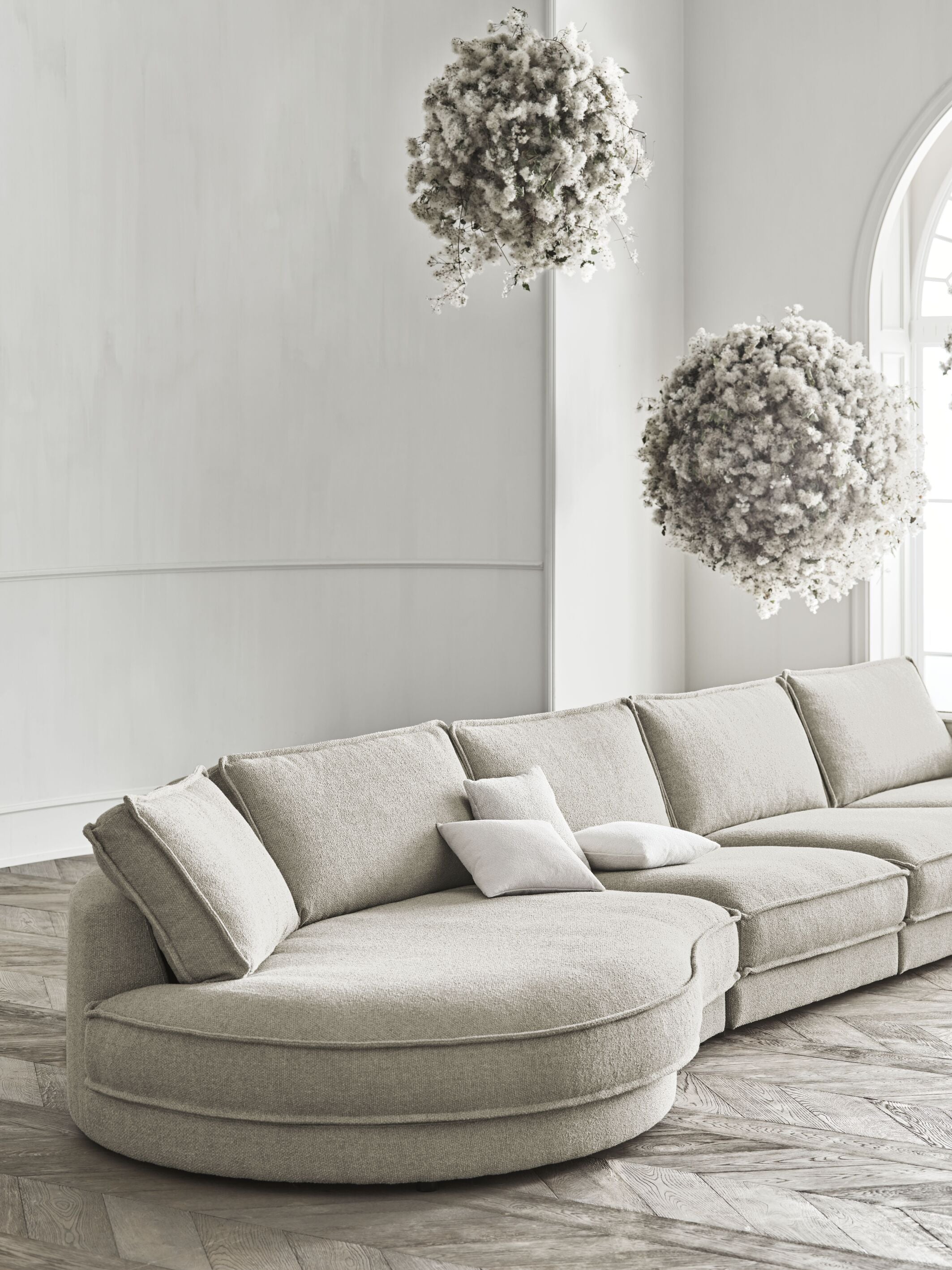 Sofa modułowa NOORA - zaokrąglony moduł lewostronny z dębową podstawą