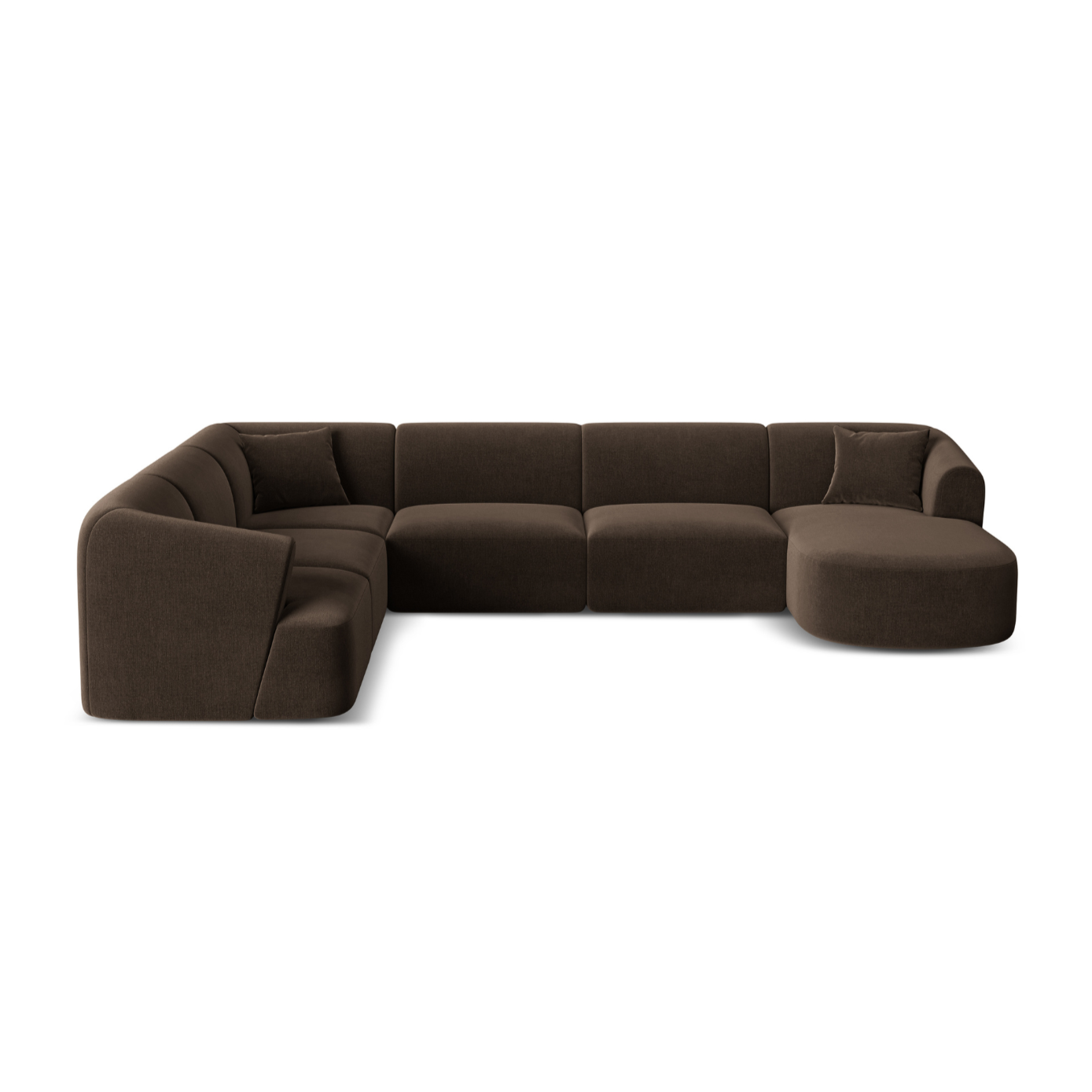 Linksseitiges, samtiges, panoramisches 7-Sitzer-Sofa CAMPI in Schokoladenfarbe