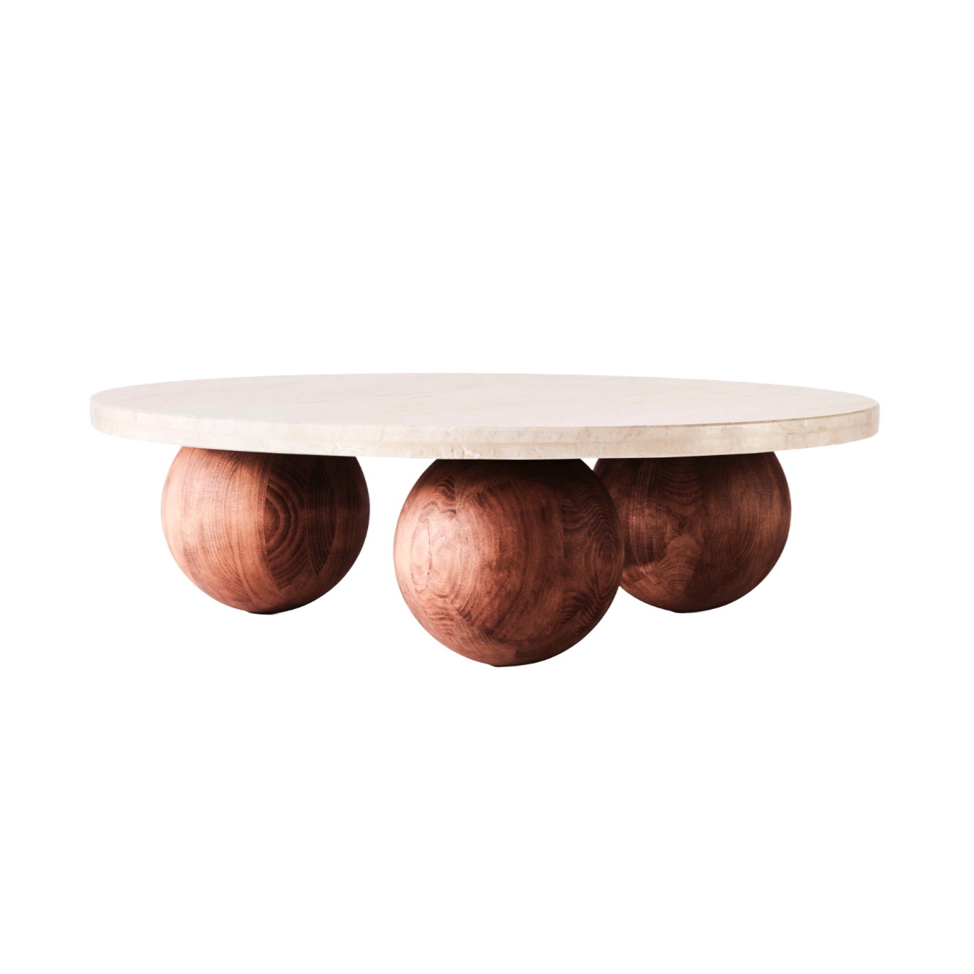 Runder Couchtisch SPHERE aus Travertin mit einer Basis aus Esche