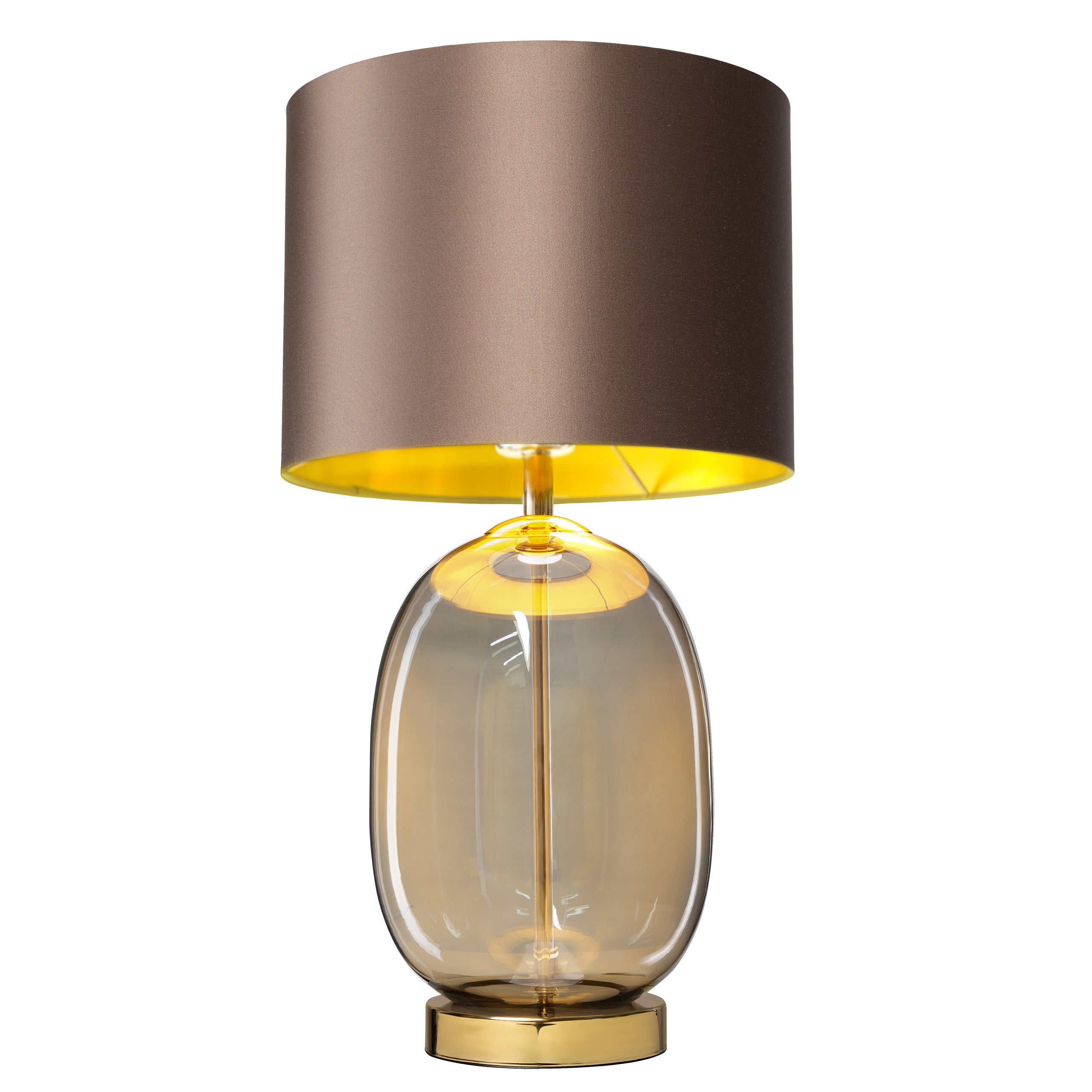 Tischlampe SALVADOR rauchiges Glas mit braunem Schirm und goldener Veredelung