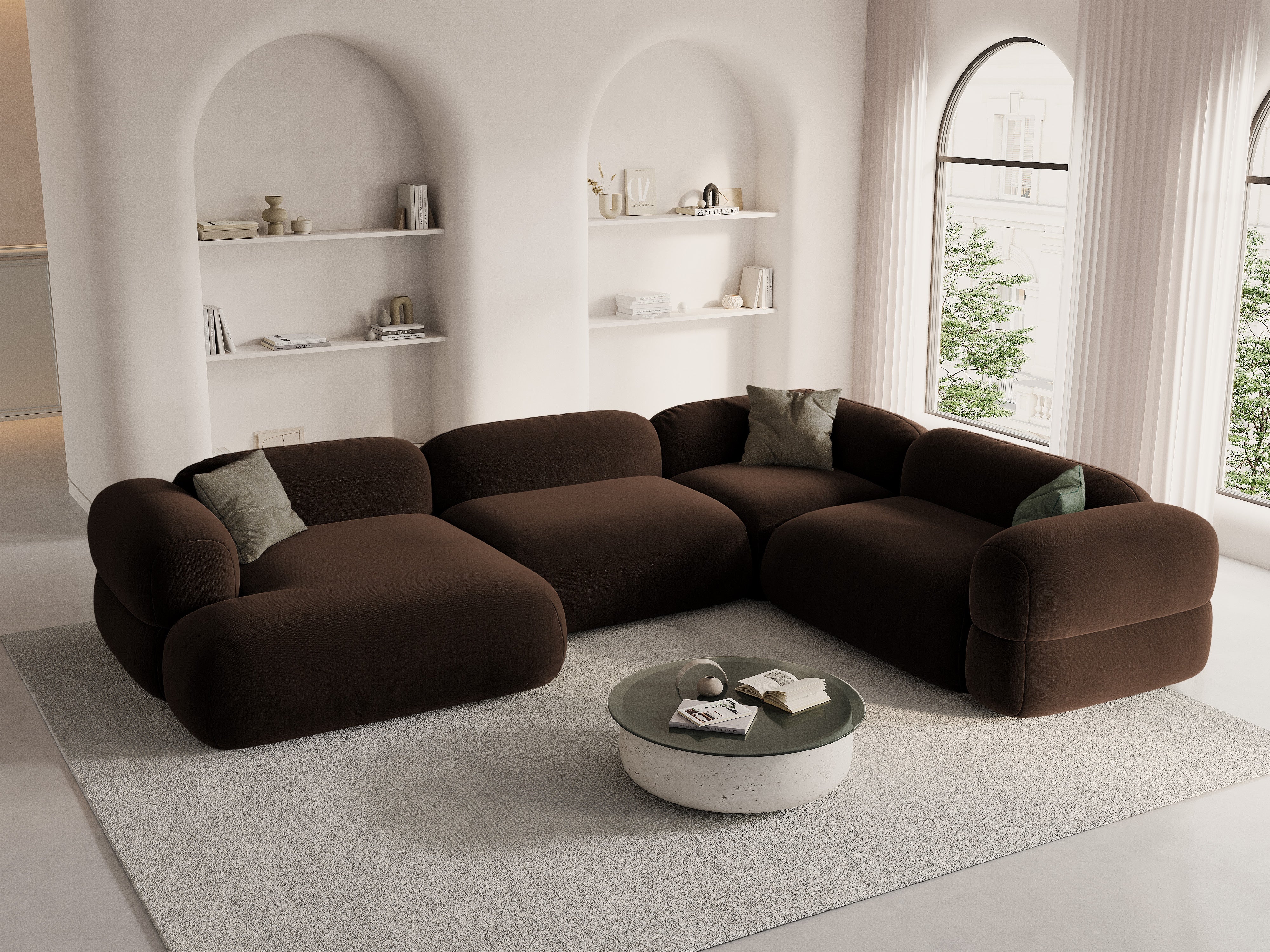 Right-facing U-shaped velvet corner sofa ROGER chocolate