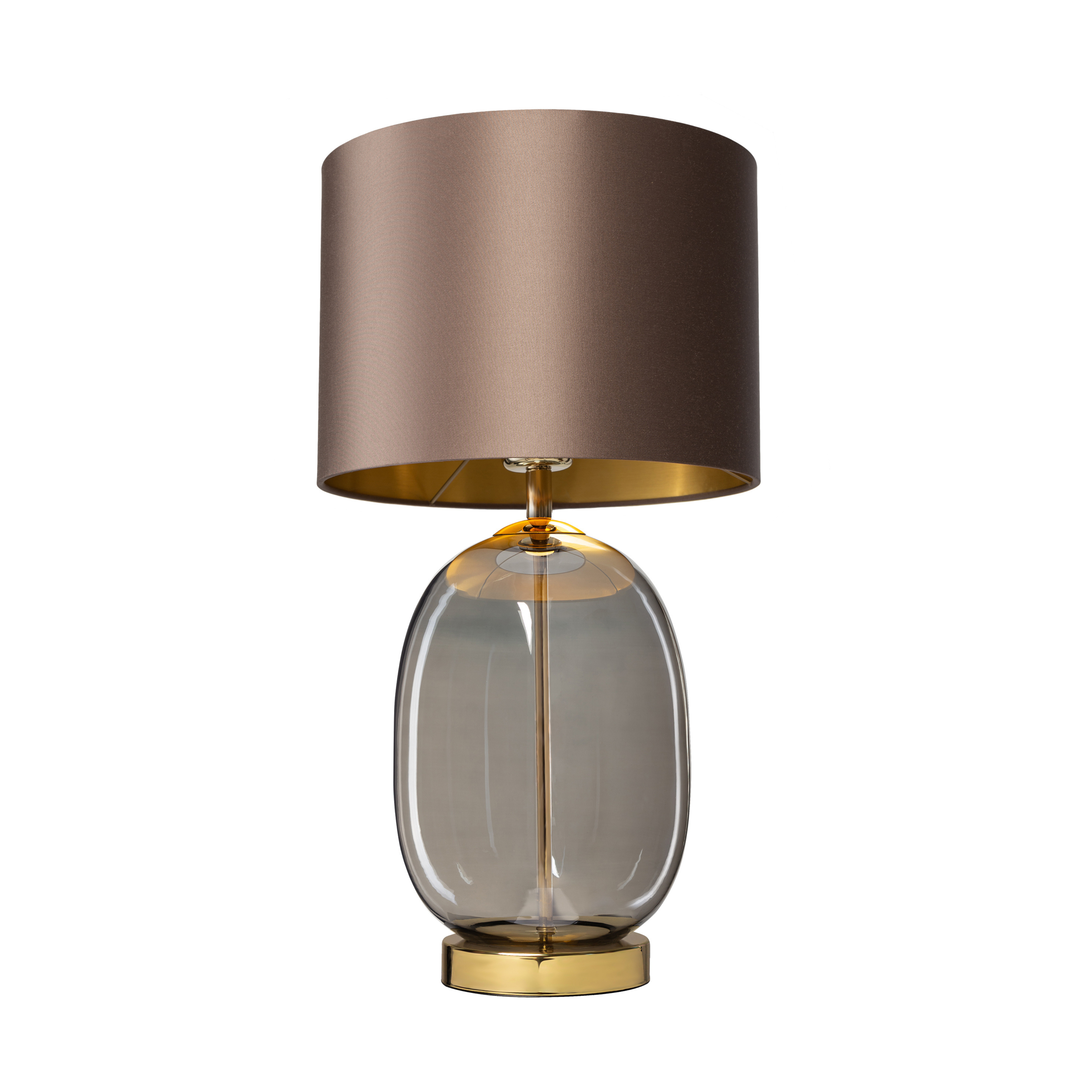 Tischlampe SALVADOR rauchiges Glas mit braunem Schirm und goldener Veredelung