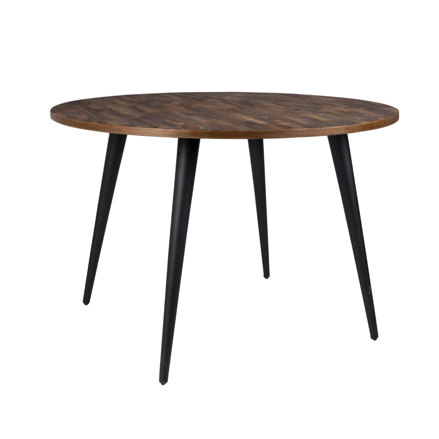 Runder Tisch Mo Teka Holz mit einer schwarzen Basis