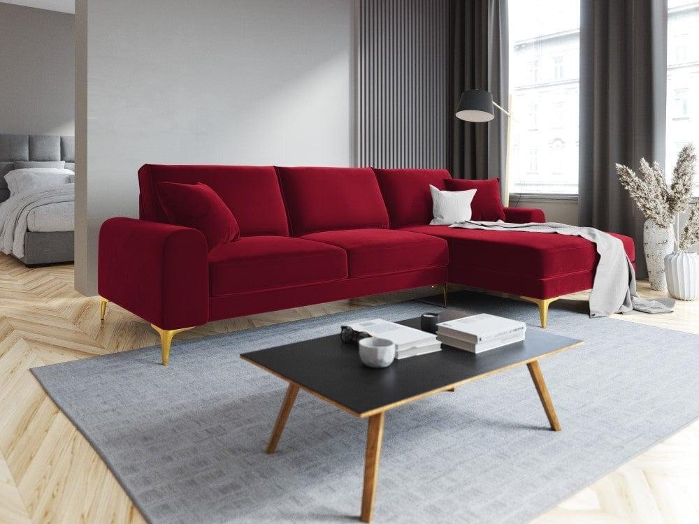 Narożnik aksamitny prawostronny MADARA czerwony ze złotą podstawą Mazzini Sofas Eye on Design