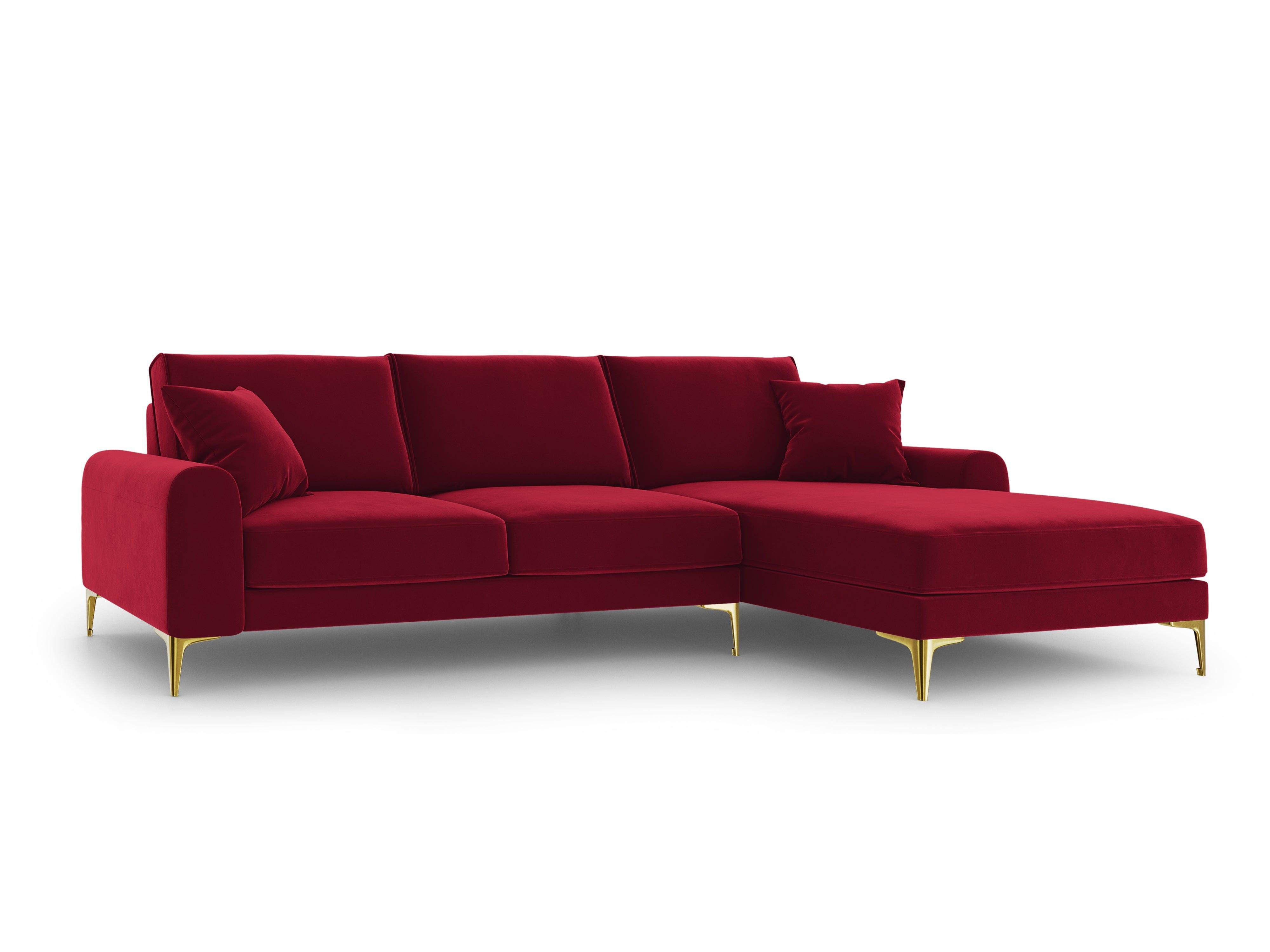 Narożnik aksamitny prawostronny MADARA czerwony ze złotą podstawą Mazzini Sofas Eye on Design